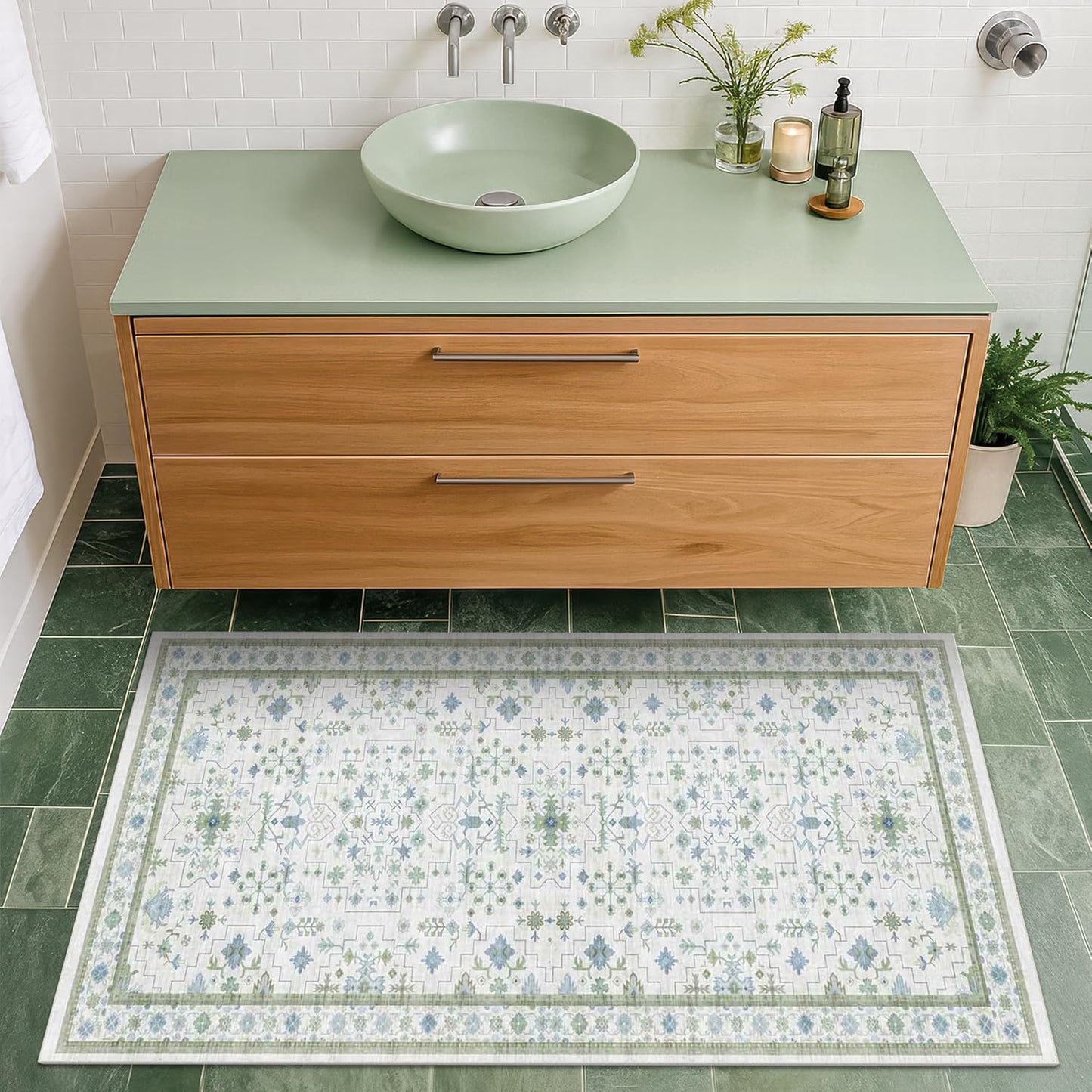 Oushak Boho Bathroom Rug - Cream Green & Blue Floral Design, Washable Low Pile, Non-Slip Rubber Backing, Small Size
