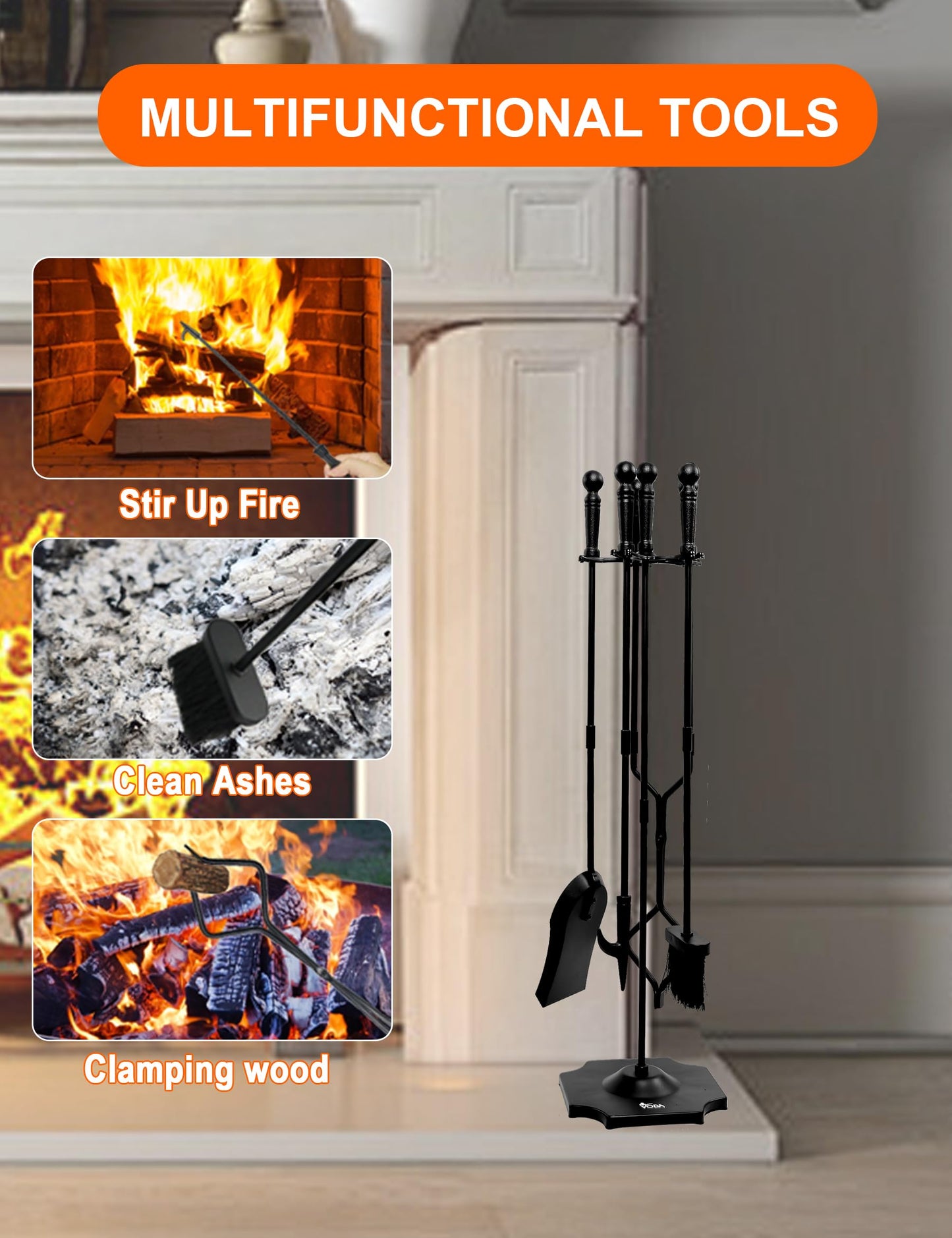VODA Fireplace Tools Set 5 Pieces 31.5In Cast Iron Indoor Fireside Accessories Large Fire Place Tool Set Outdoor Holder Fire Kit Stand Wood Stove Log Shovel Brush Tong and Fireplace Poker