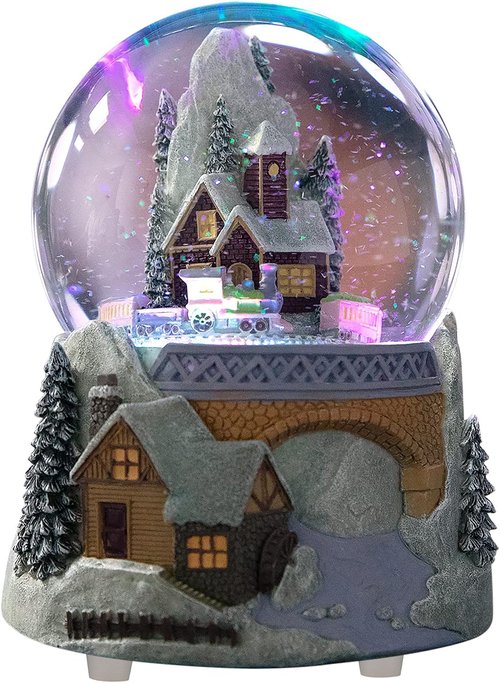 Castle Snowy House Snow Globe - Color Changing Lighting with Revolving Train | Winter Wonderland Theme