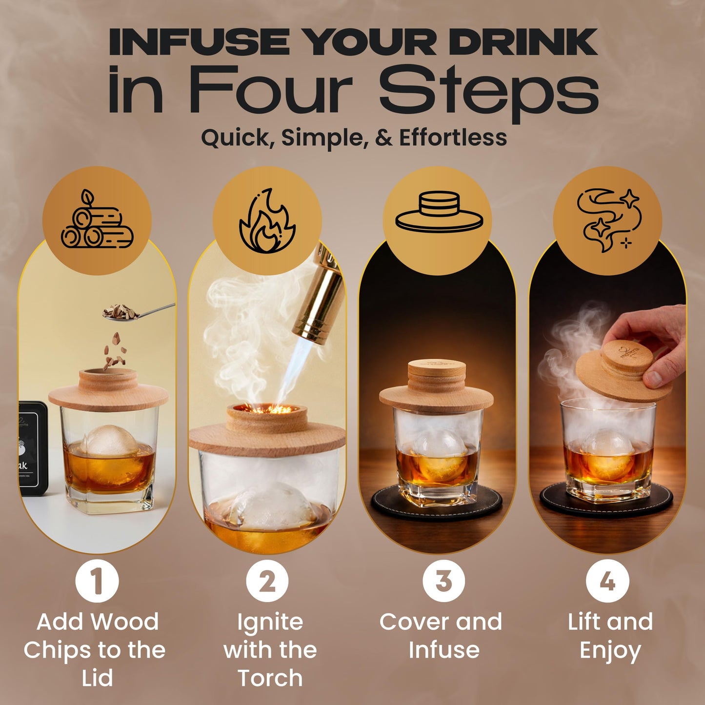 Moments by KEFF Premium Whiskey Smoker Kit – Wooden Gift Box with Torch, Smoker Lid, Square Glasses, Leather Coasters, 6 Wood Chips with Tray, Whiskey Stones, Ice Molds, Mixing Tools & Instructions