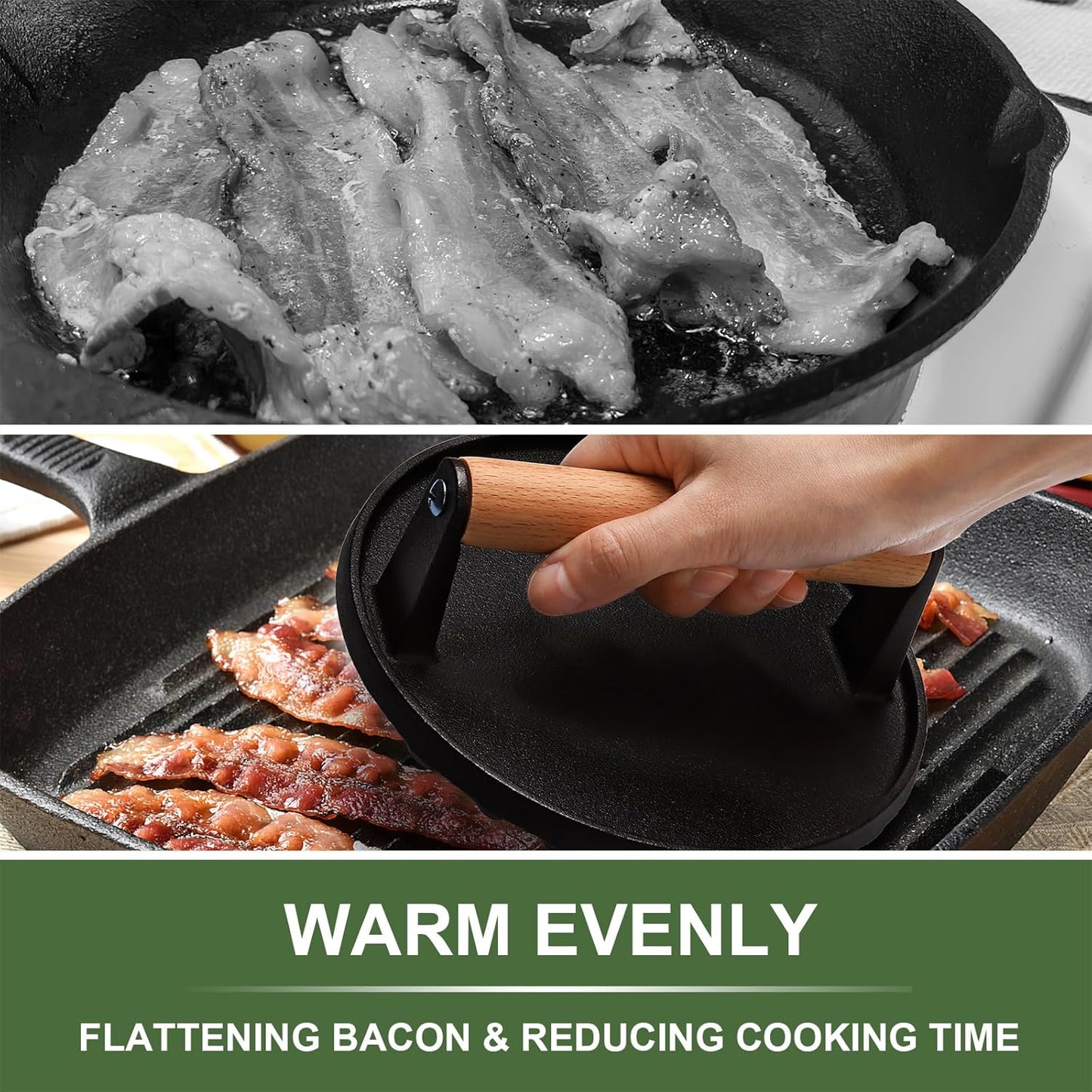 Skiennix Burger Press - Heavy-Duty Cast Iron Round & Rectangle with Wood Handle - Perfect for Griddles & Sandwiches