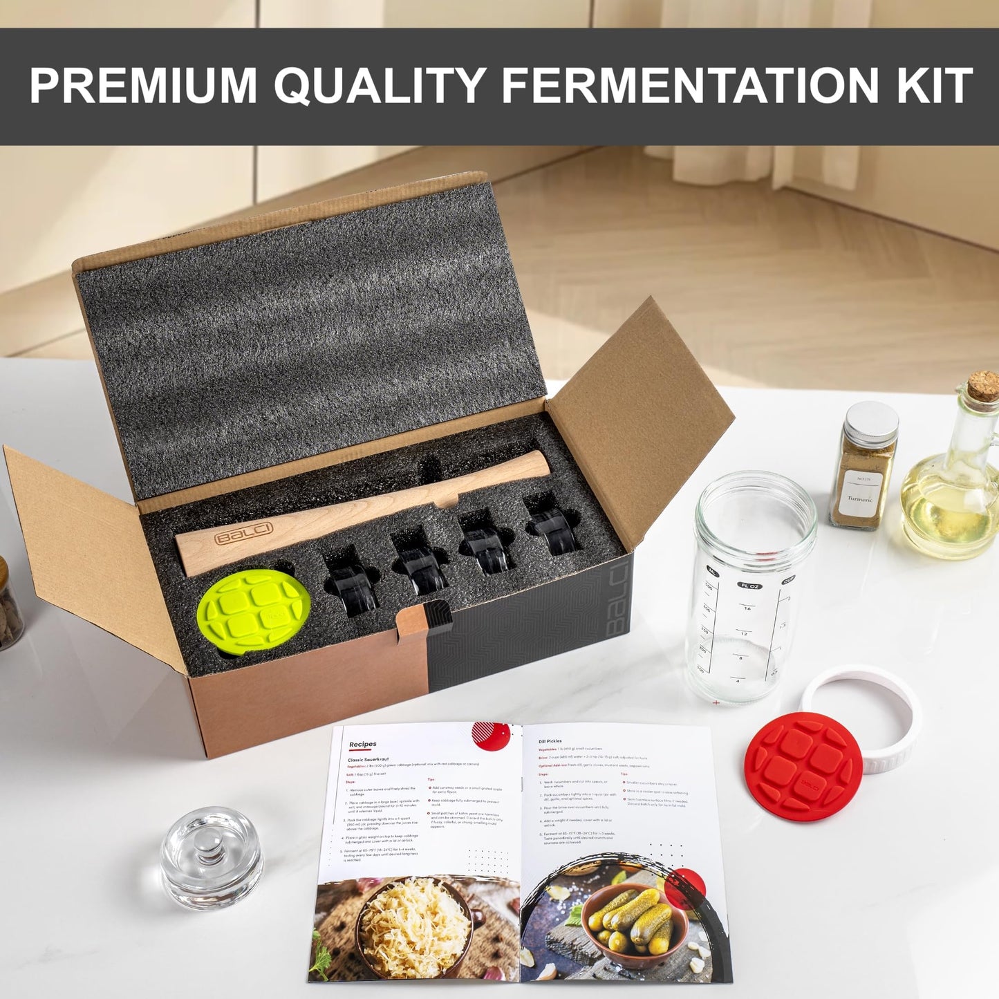 BALCI Complete Mason Jar Fermentation Kit – 9 Pc Starter Set with Fermentation Lids, Glass Weights, Wooden Tamper & Recipe Book – Wide Mouth Fermenter for Sauerkraut, Kimchi, Pickles & Probiotics