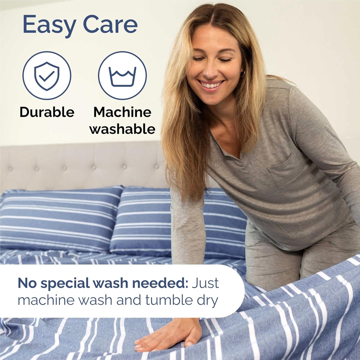 Skiennix Split King Size 5-Piece Sheet Set - Comfy Cooling Bed Sheets - Luxury Hotel Quality - Deep Pockets - Blue Stripes