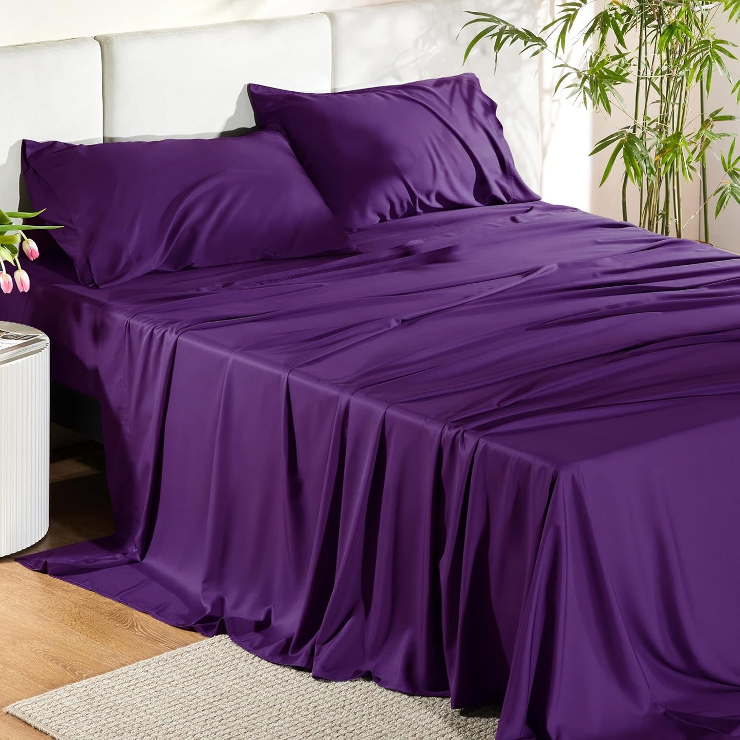 Bedsure King Size Sheets Set - Cooling Rayon Bamboo Sheets for Hot Sleepers | Soft & Breathable Plum