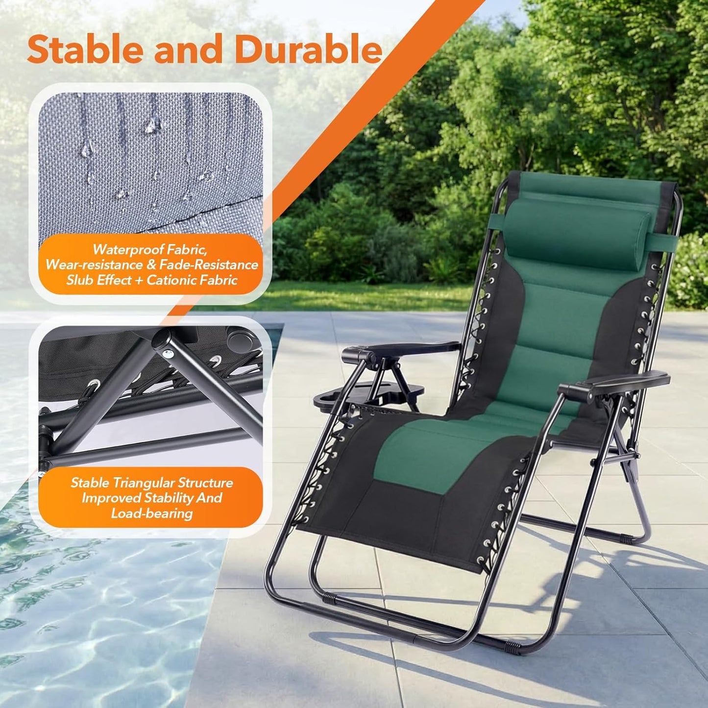 Sweetcrispy Zero Gravity Chairs - Foldable Patio Recliners with Adjustable Pillow & Cup Holder | Supports 400 lbs, Black-Green