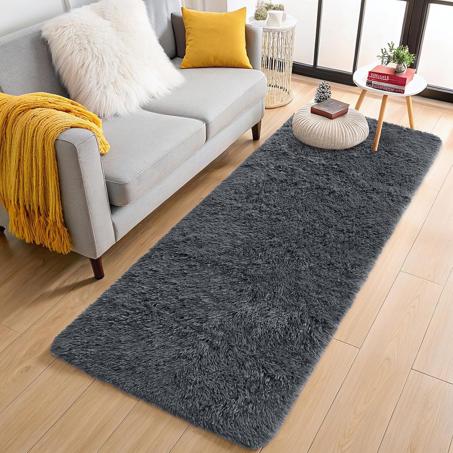 OLANLY Machine Washable 2x12 Runner Rug - Soft Fluffy Shaggy Design for Hallway & Bedroom | Grey