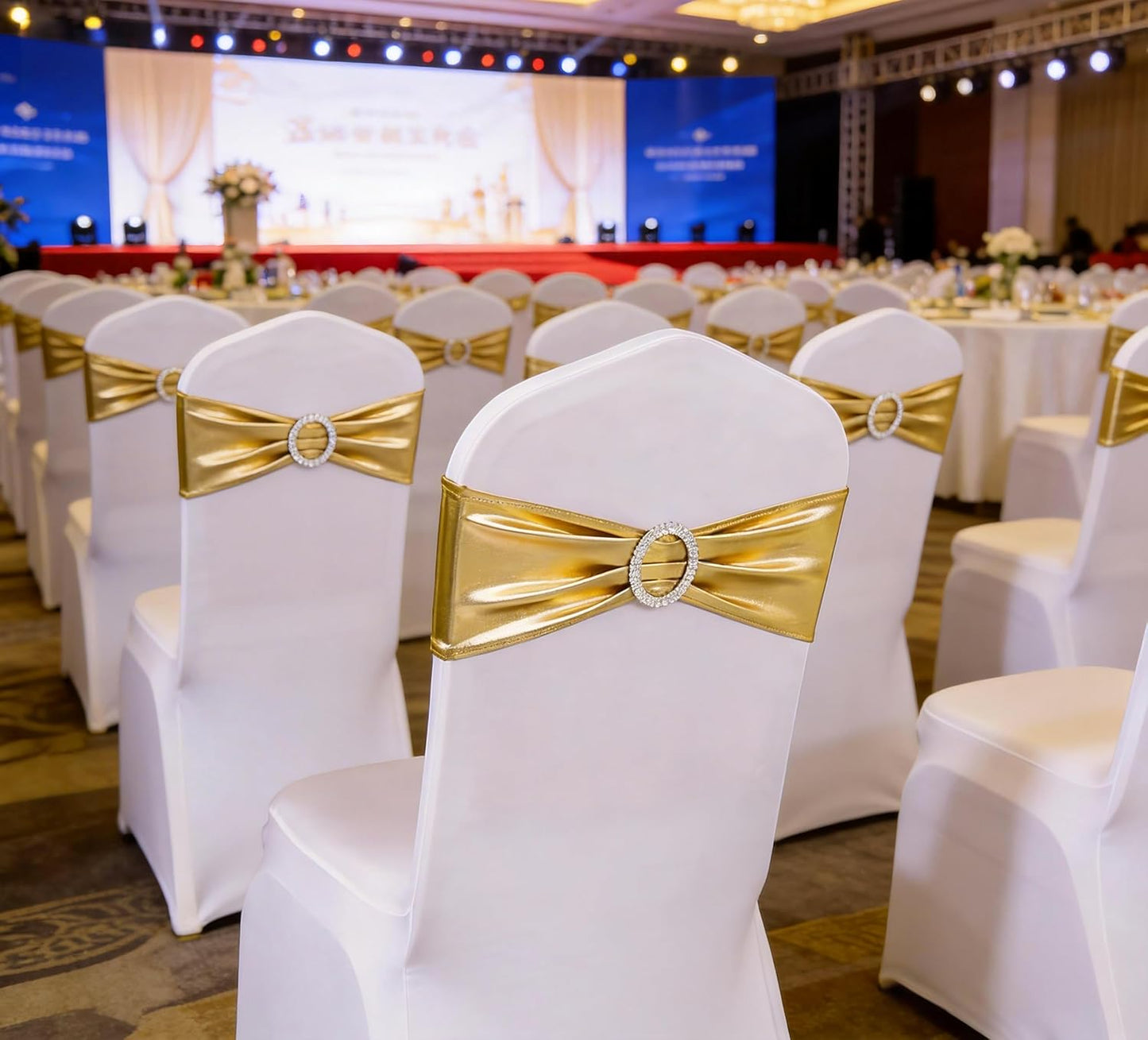 Spandex Bronzing Gold Chair Sashes by [Brand Name] - Pack of 50 Elegant Chair Bows for Weddings & Events