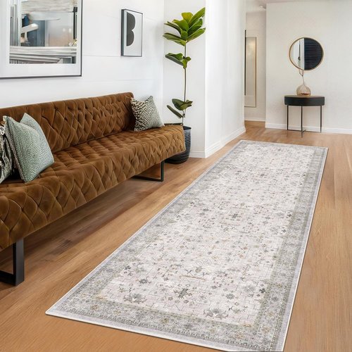 Hazo Haus Kitchen Rug - Light Gray Modern Boho Floral Design | Washable Non-Slip 10 ft Runner