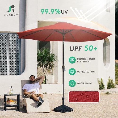 JEAREY 9FT Outdoor Patio Umbrella - Push Button Tilt & Crank | UV Protection, Waterproof, Red