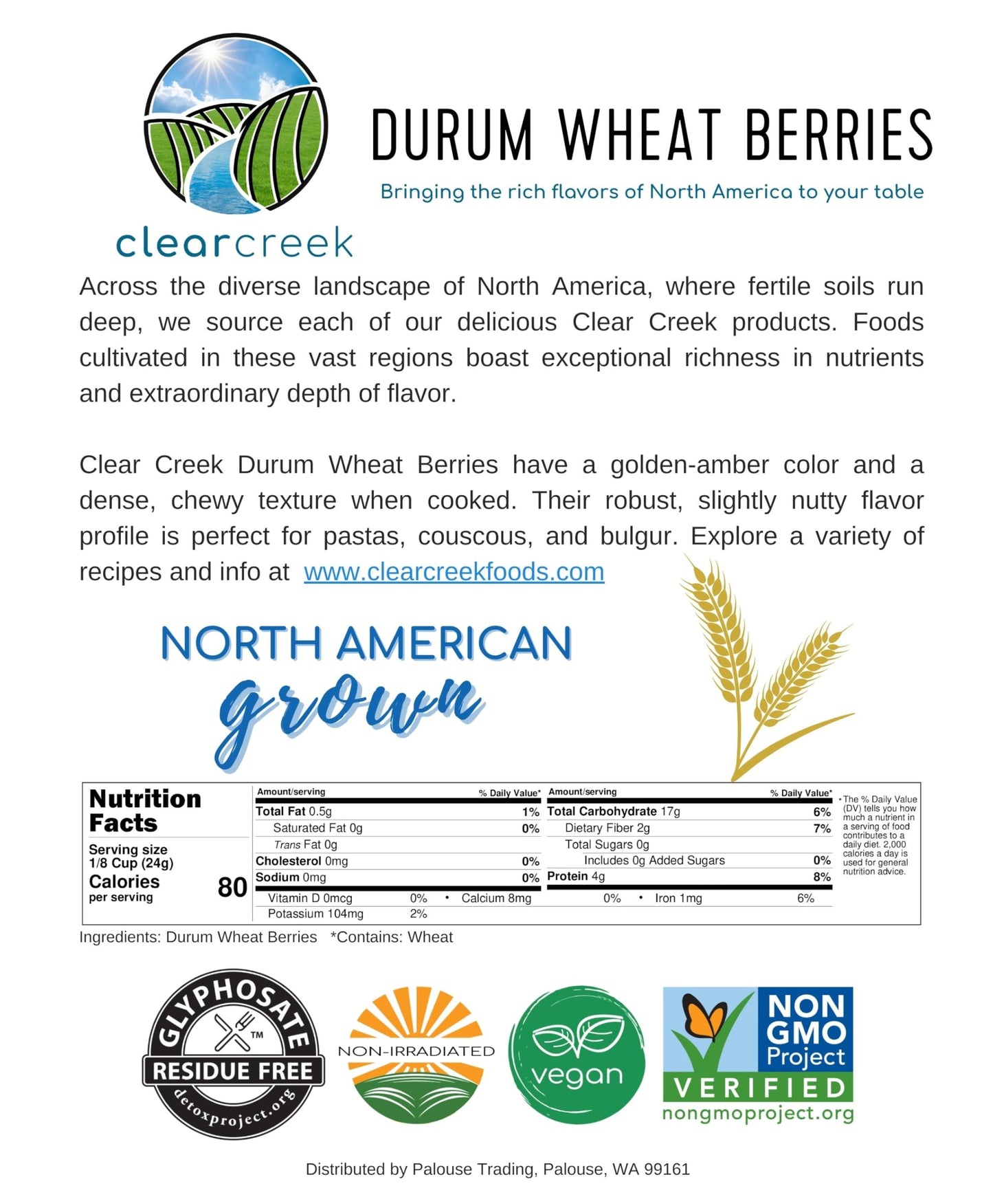 Clear Creek Certified Glyphosate Residue Free Durum Wheat Berries | 4 LBS | Whole Grains | Used to mill to Semolina Pasta Flour | North American Grown