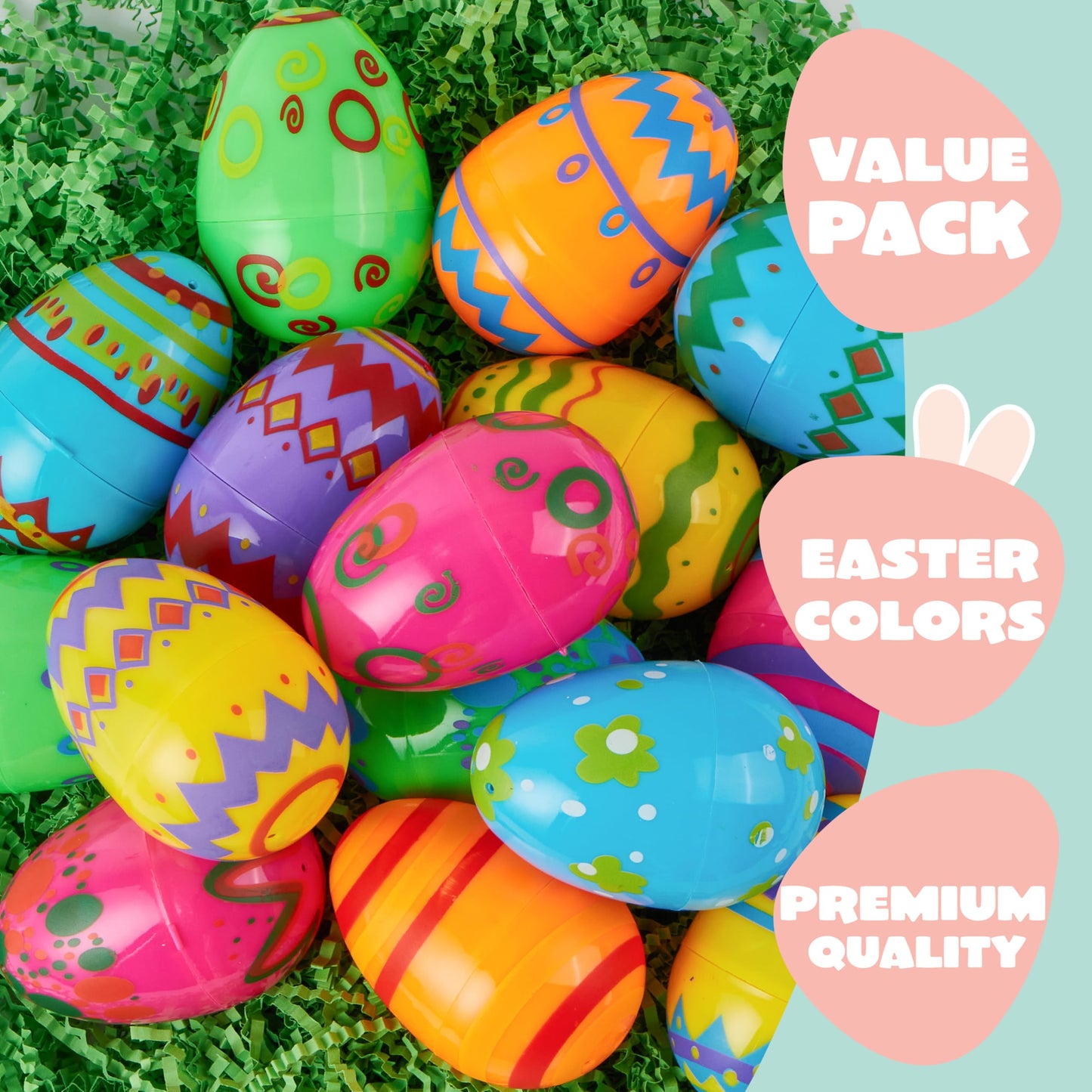 JOYIN 24PCS 3.15" Printed Easter Eggs, Empty Fillable Colorful Plastic Eggs Bulks for Easter Hunt, Basket Stuffers Filler, Classroom Prize Supplies