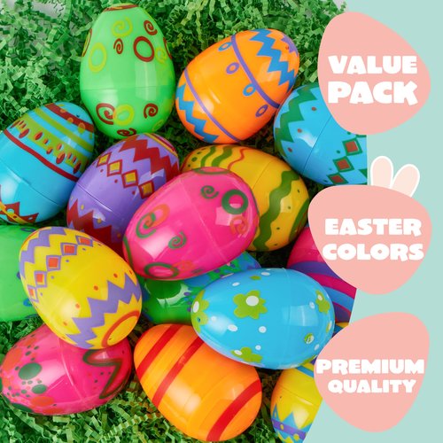 JOYIN 18PCS 3.15" Printed Easter Eggs, Empty Fillable Colorful Plastic Eggs Bulks for Easter Hunt, Basket Stuffers Filler, Classroom Prize Supplies