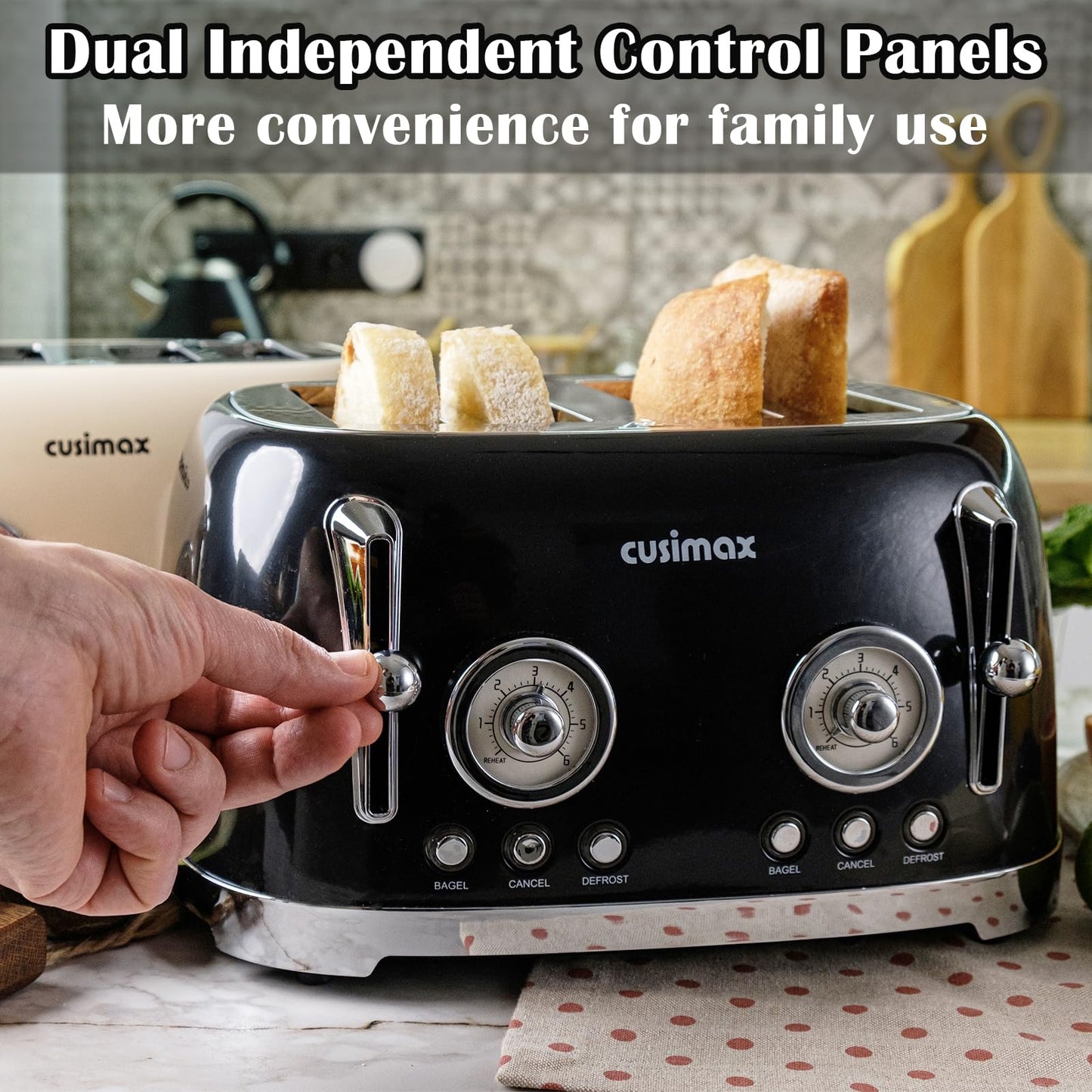 CUSIMAX Toaster 4 Slice, Retro Toaster with Wide Slots for Bagels, Stainless Steel with 6 Toast Settings, Bagel, Cancel, Defrost & Reheat Functions, Dual Independent Control Panels, Black