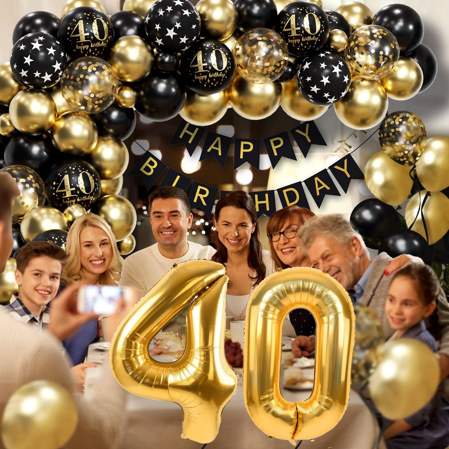 115pcs 40th Birthday Balloon Arch with Black Gold Balloon Garland happy Birthday Banner 40th Foil Balloon for 40th Birthday Decorations for Men or Women Anniversary Decorations