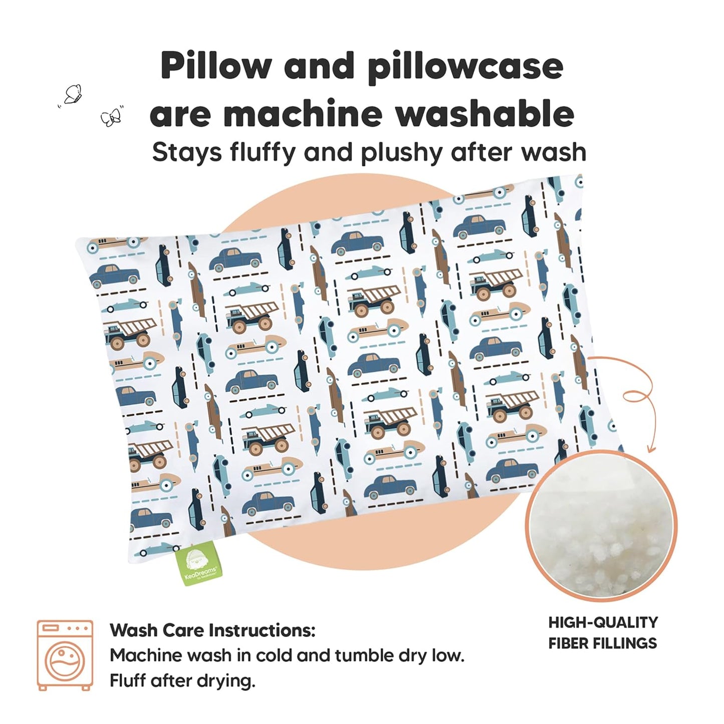 My Little Dreamy Toddler Pillow - Organic Cotton Travel Bed Pillow with Soft Pillowcase | 13x18, Machine Washable, Ideal for Ages 2-5 (Vroom)