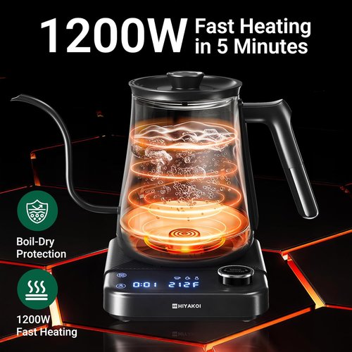 HIYAKOI Gooseneck Electric Kettle - ±1℉ Temperature Control for Perfect Pour Over Coffee & Tea | 0.8L Stainless Steel, 1200W Rapid Heating, 12H Keep Warm