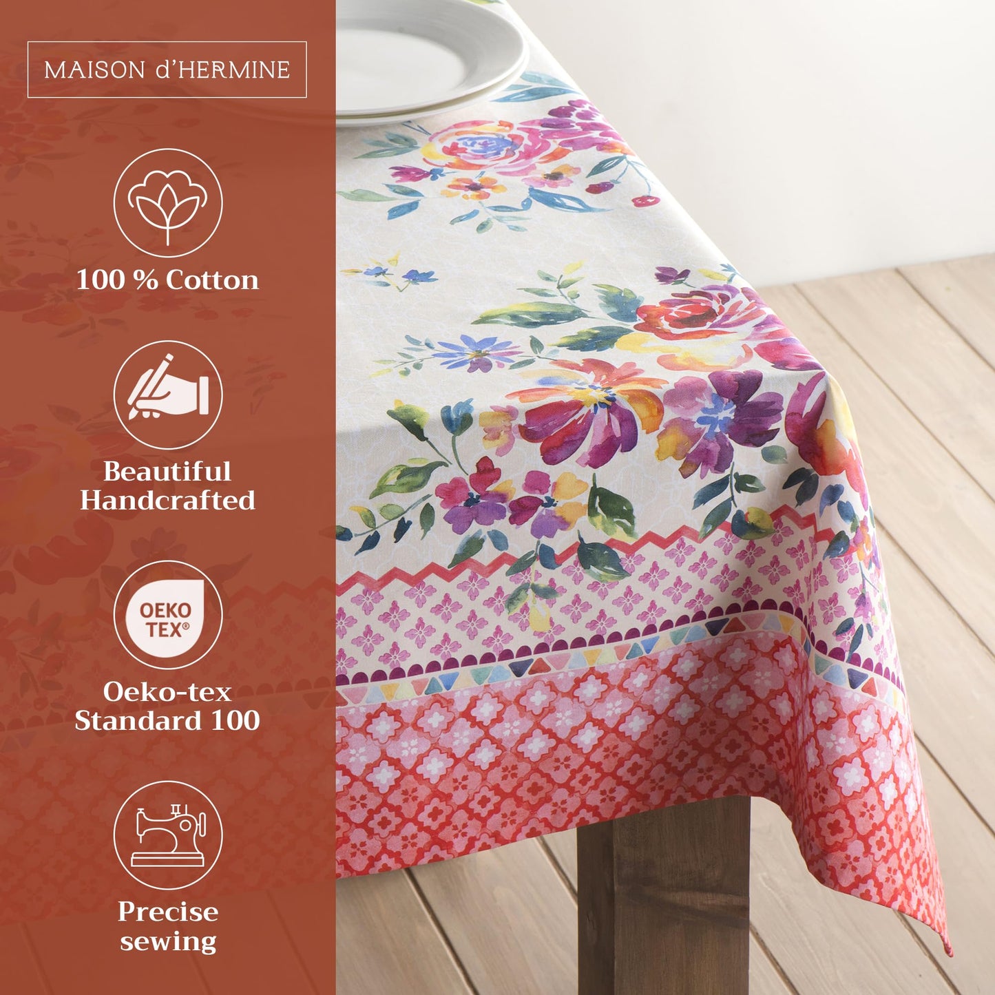 Maison d' Hermine Table Cloth Square Table 100% Cotton 54 x 54 Inches Tablecloth Reusable Decorative for Dining Kitchen Room Farmhouse Home Gifts for Mothers Day Spring Summer - Rose Garden