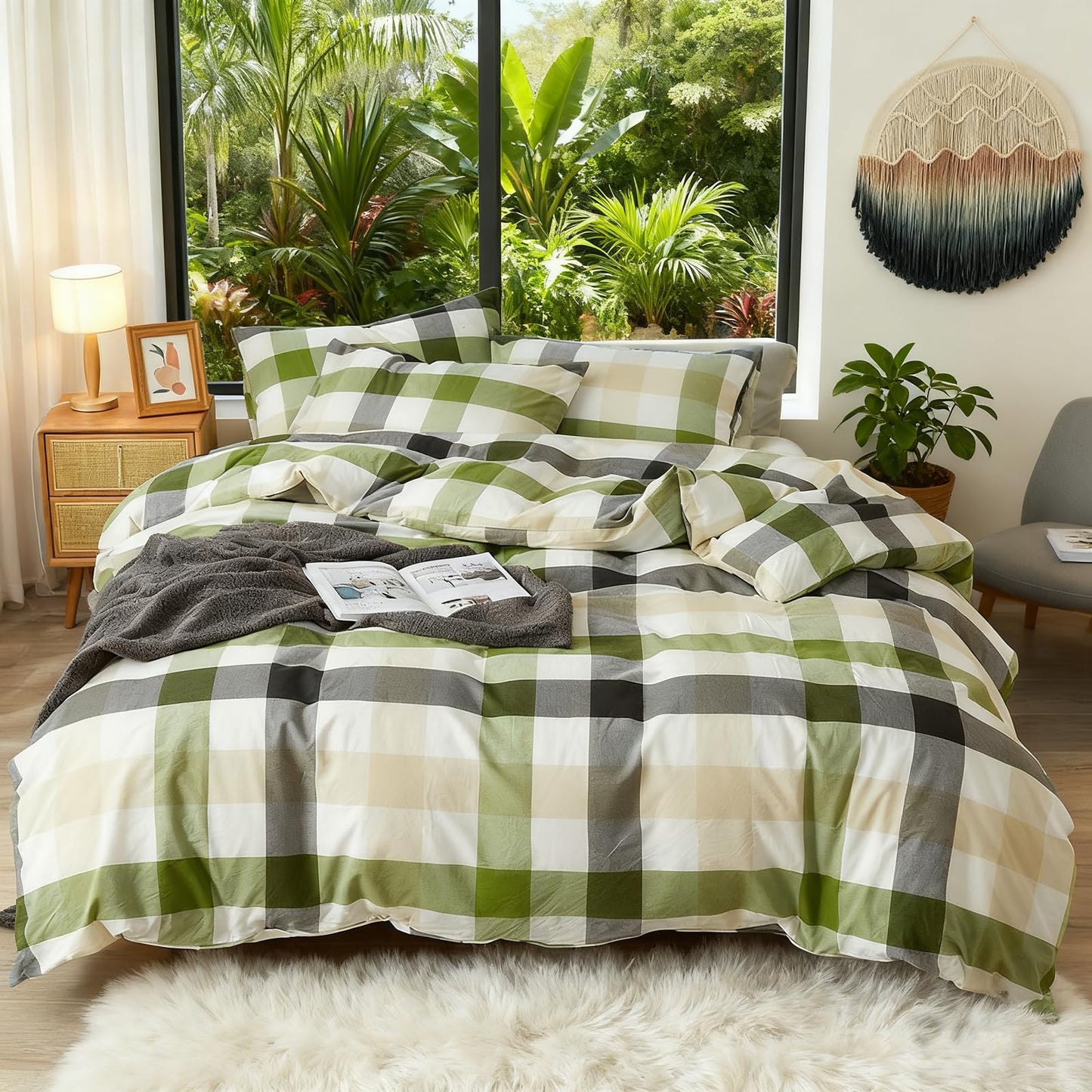 DONEUS 100% Washed Cotton Duvet Cover Set Super Soft Breathable Comfy Natural Linen Like Textured Bedding Set 3 Pieces with Zipper Closure (Green White Plaid, Queen)