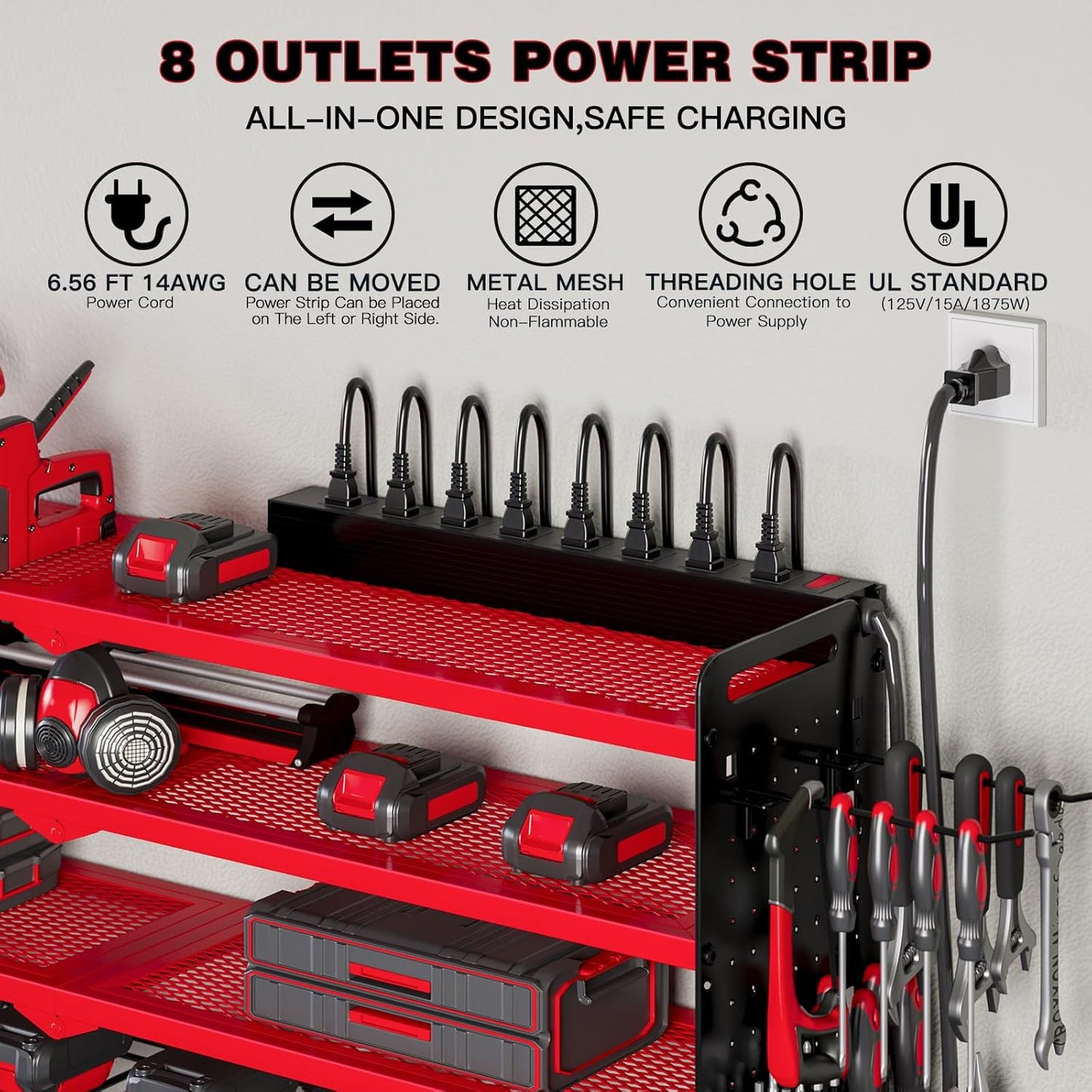NattyDot Power Tool Organizer - Wall Mount Charging Station with 8 Drill Holders | 4-Layer Garage Storage Rack (Red)