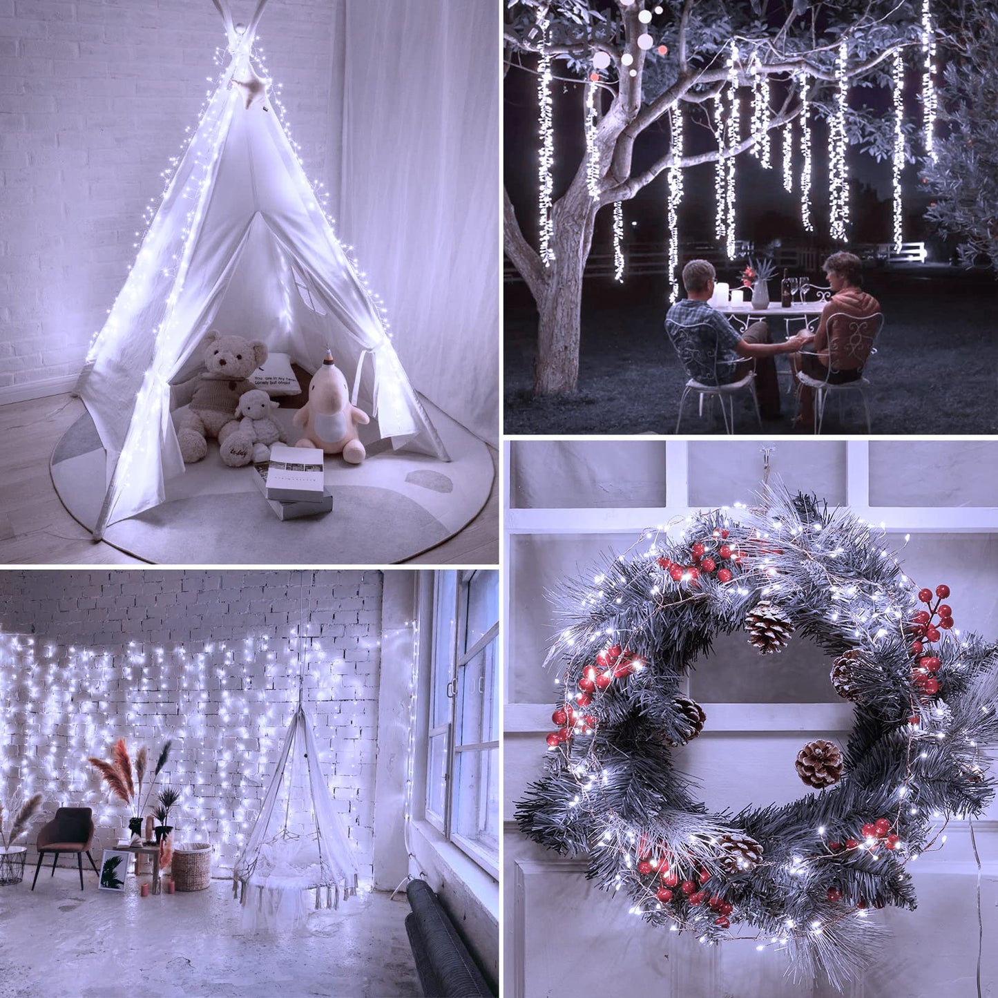 Minetom Fairy Lights Plug in, 10Feet 200LED Cluster String Lights, Silver Wire Waterproof Starry Firecracker Lights for Ceiling Bedroom Wreath Window Wedding Christmas Tree Decorations, Pure White