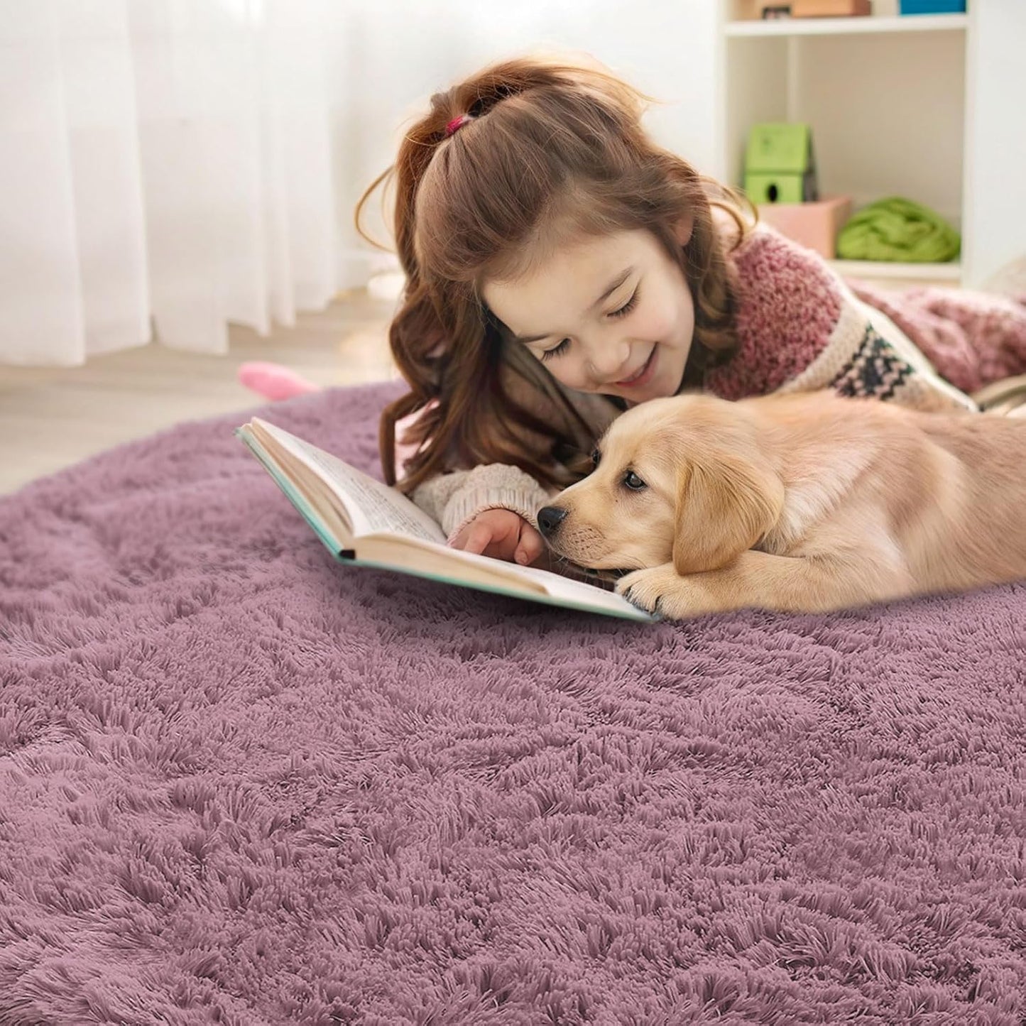 OLANLY Blush Round Area Rug - Soft, Fluffy 9 ft Circle Carpet for Bedroom & Living Room Decor