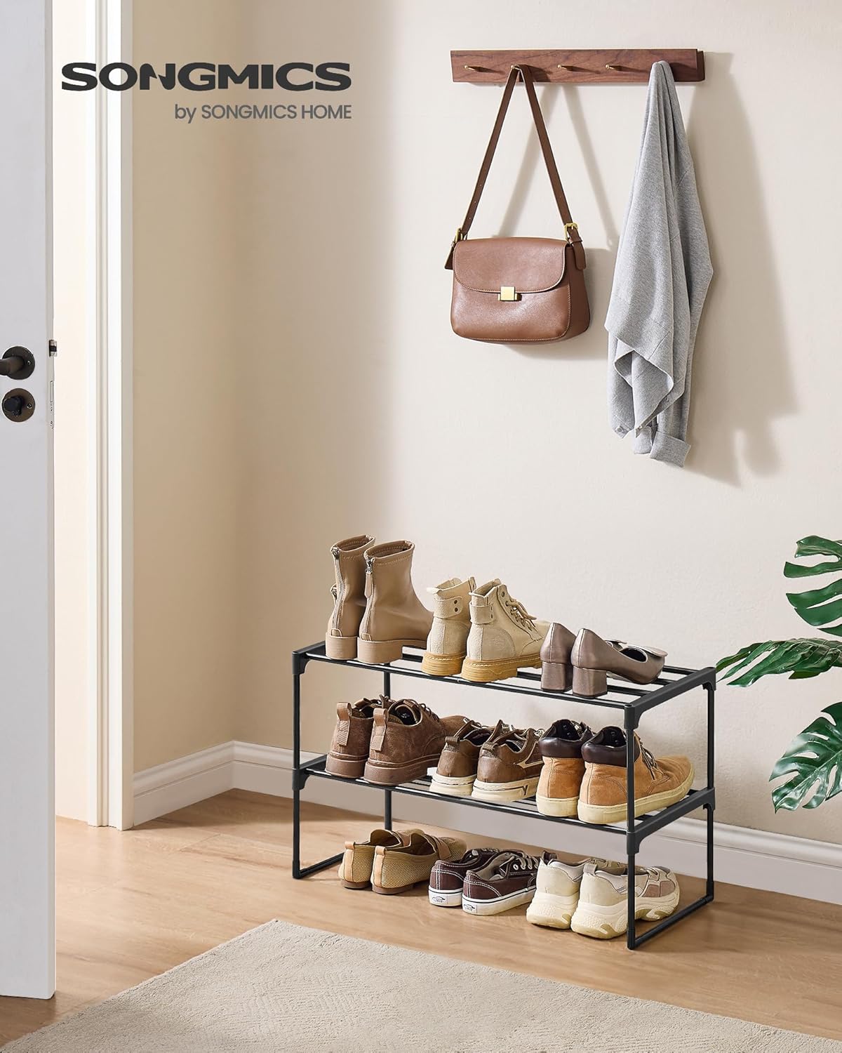 SONGMICS 2-Tier Shoe Rack - Stackable Metal Organizer for 6-9 Pairs | Entryway Storage, Black 11.8 x 26.8 x 14.6 Inches