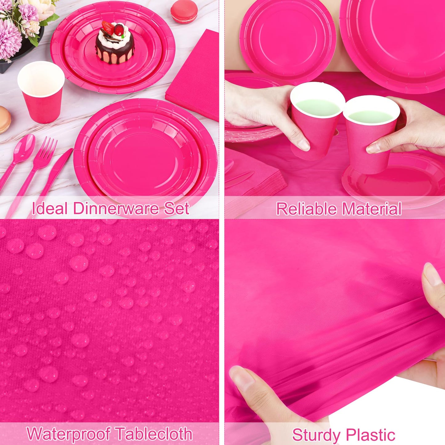 Kochorie 169 Pieces Hot Pink Party Supplies Disposable Dinnerware Set Include Plates and Cups Napkins Plastic Forks Knives Spoons Tablecloth for Wedding Birthday Party Decorations, Serve 24 Guests