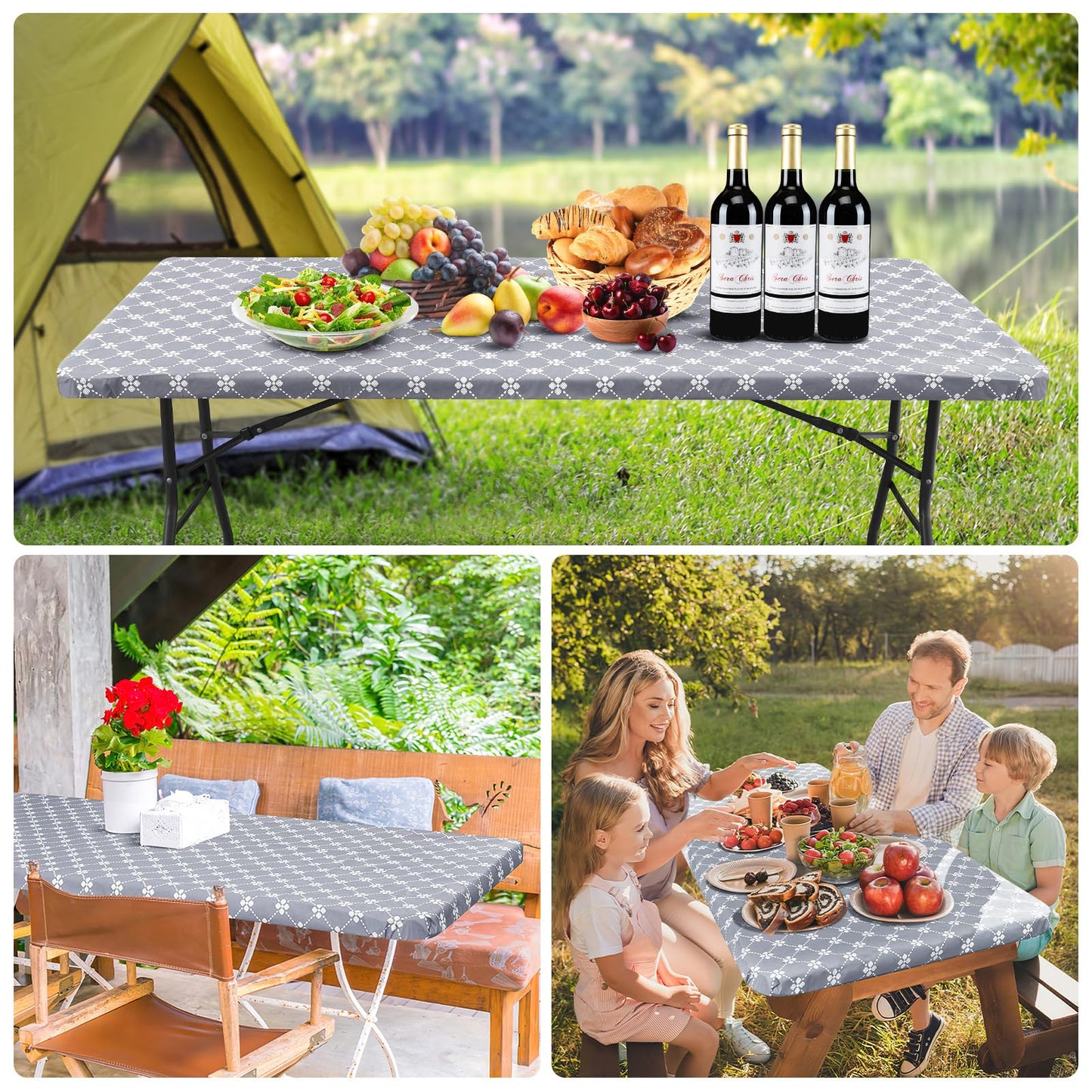 misaya Rectangle Vinyl Table Cloth, Elastic Fitted Tablecloth with Flannel Backing, Waterproof Plastic Table Cover Fits 6 Foot Folding Tables for Picnic, Camping, Indoor and Outdoor (Grey, 30" x 72")