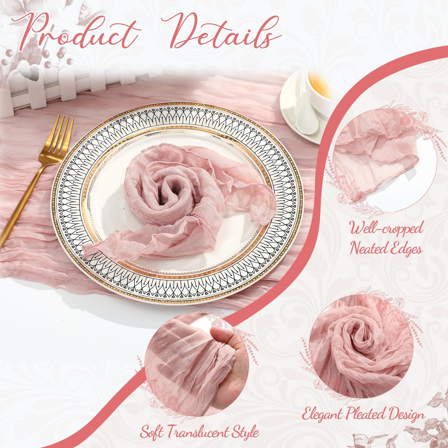 Windkream 2 Cheesecloth Table Runners and 24 Napkins Set, 10Ft Boho Cheese Cloth Table Runners 20 x 20 Inch Rustic Wrinkled Gauze Napkins for Wedding Birthday Baby Shower Party Decor (Dusty Pink)