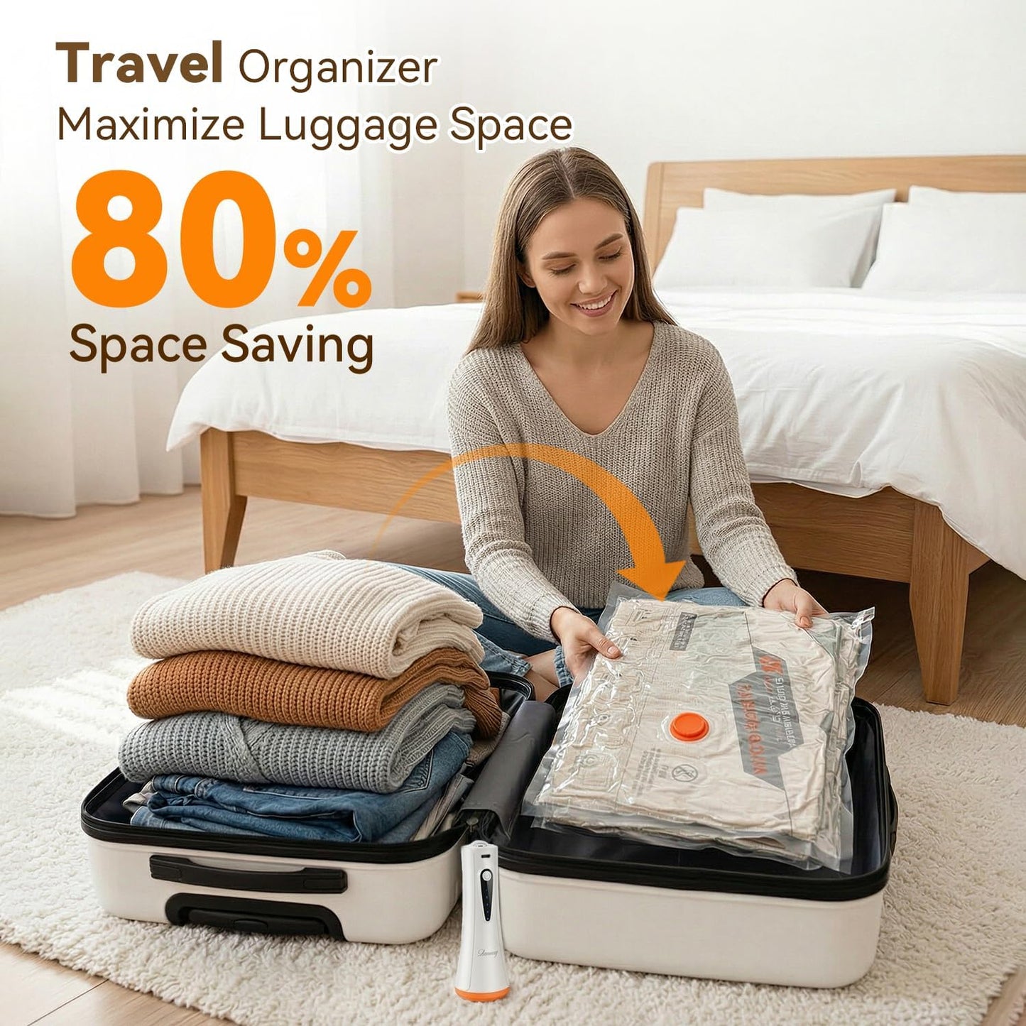 Skiennix Vacuum Storage Bags - 12 Pack Travel Space Saver Bags with Rechargeable Air Pump | Efficient Compression for Clothing & Luggage