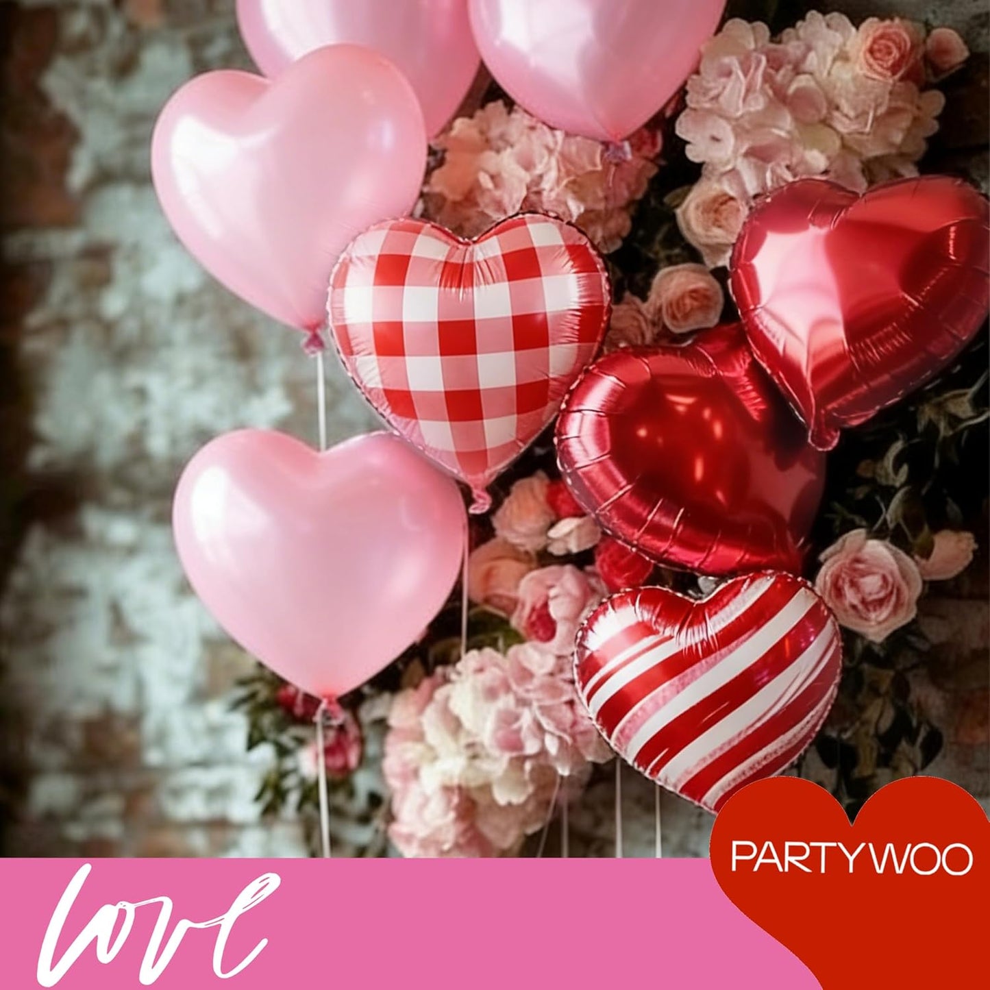 PartyWoo Pink Balloons - 127 Pcs in Various Sizes | Hot Checkered Marble Gradient Heart-Shaped for Valentine's Day & Weddings