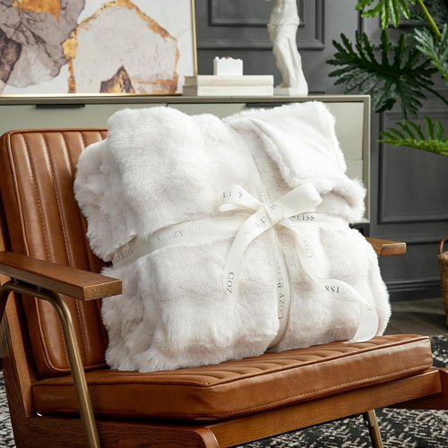 Cozy Bliss Faux Fur Throw Blanket - Soft Plush Bubble Design for Couch & Sofa | 50x60 Inches Cream White