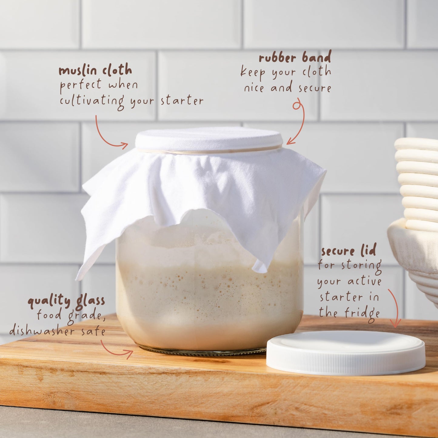 kitchentoolz Sourdough Starter Jar - Large Glass Wide Mouth Mason Jar for Storing Sour Dough Bread Starter with Cloth and Lid - Half Gallon - Made in USA