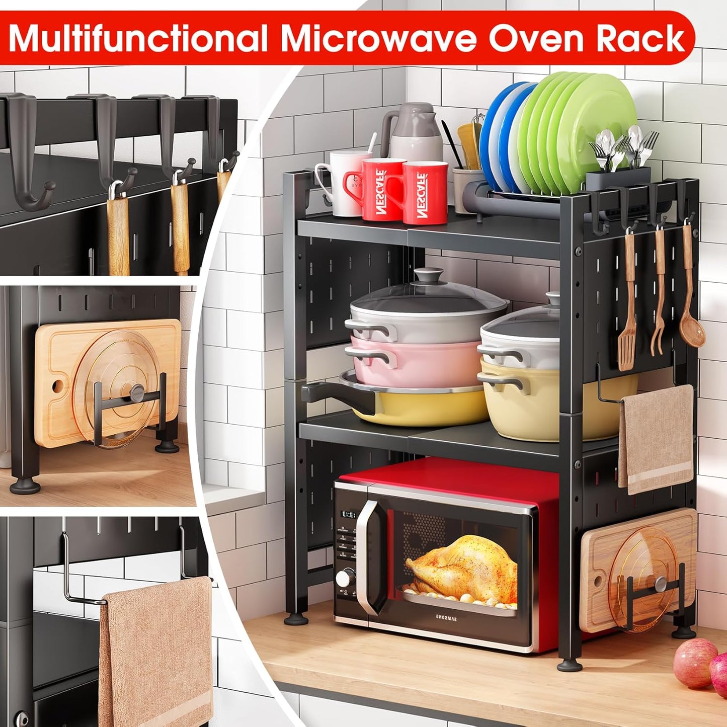 Microwave Stand - 3-Tier Expandable Heavy Duty Adjustable Shelf | Kitchen Organizer with Hooks & Cutting Board Holder, Black