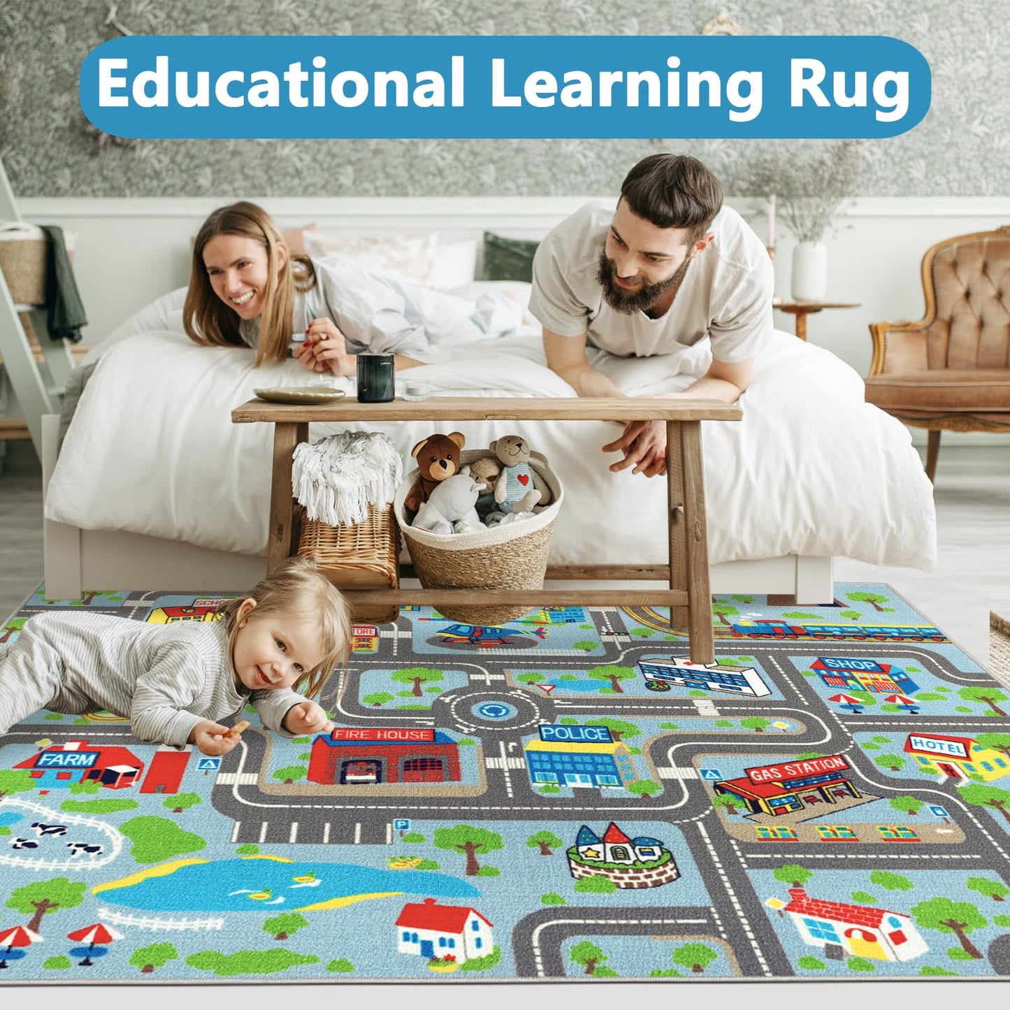 Capslpad Kids Rug Educational Play Rug 6.6' x 5' Traffic Road Kids Car Mat Large Learning Play Game Area Rug Kid Carpet for Playroom Living Room Nursery Room Decor, Sky Blue