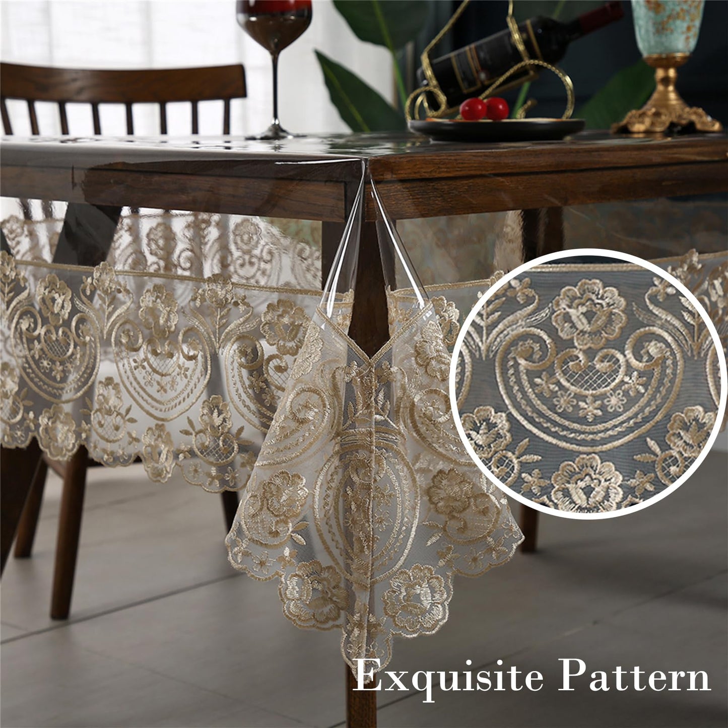 Rakila Clear Plastic Rectangle Tablecloth Vinyl Waterproof Table Cloth Embroidered Lace Edge Transparent Table Cover for Dining Kitchen Outdoor(60 x 118 inch, Coffee Style 1)