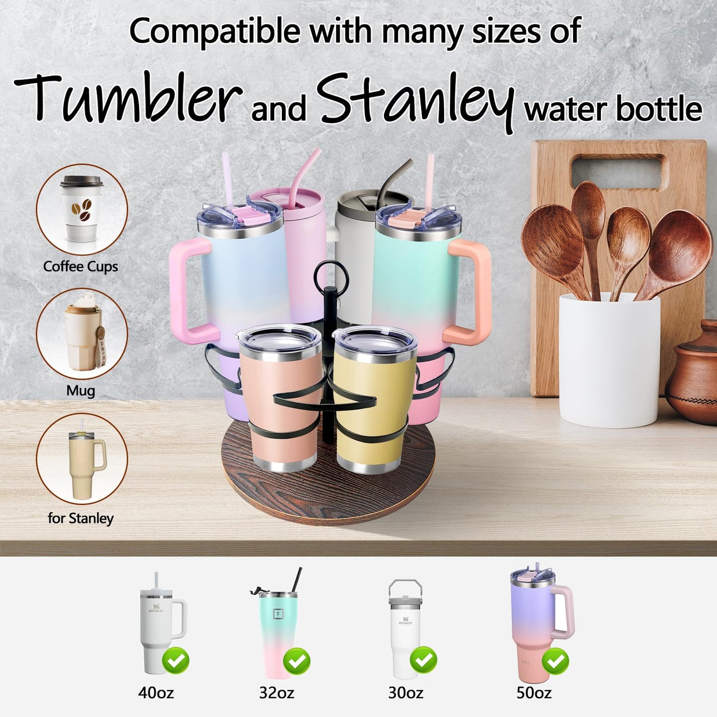 Tumbler Organizer,Ctancifang Rotating Stanley Cup Holder for Cabinet Fits 6 Bottles (40/30 oz), Stanley Organizer with Portable Handle for Kitchen, Camping, Parties,Easy to Grab Cup,Easy to Carry