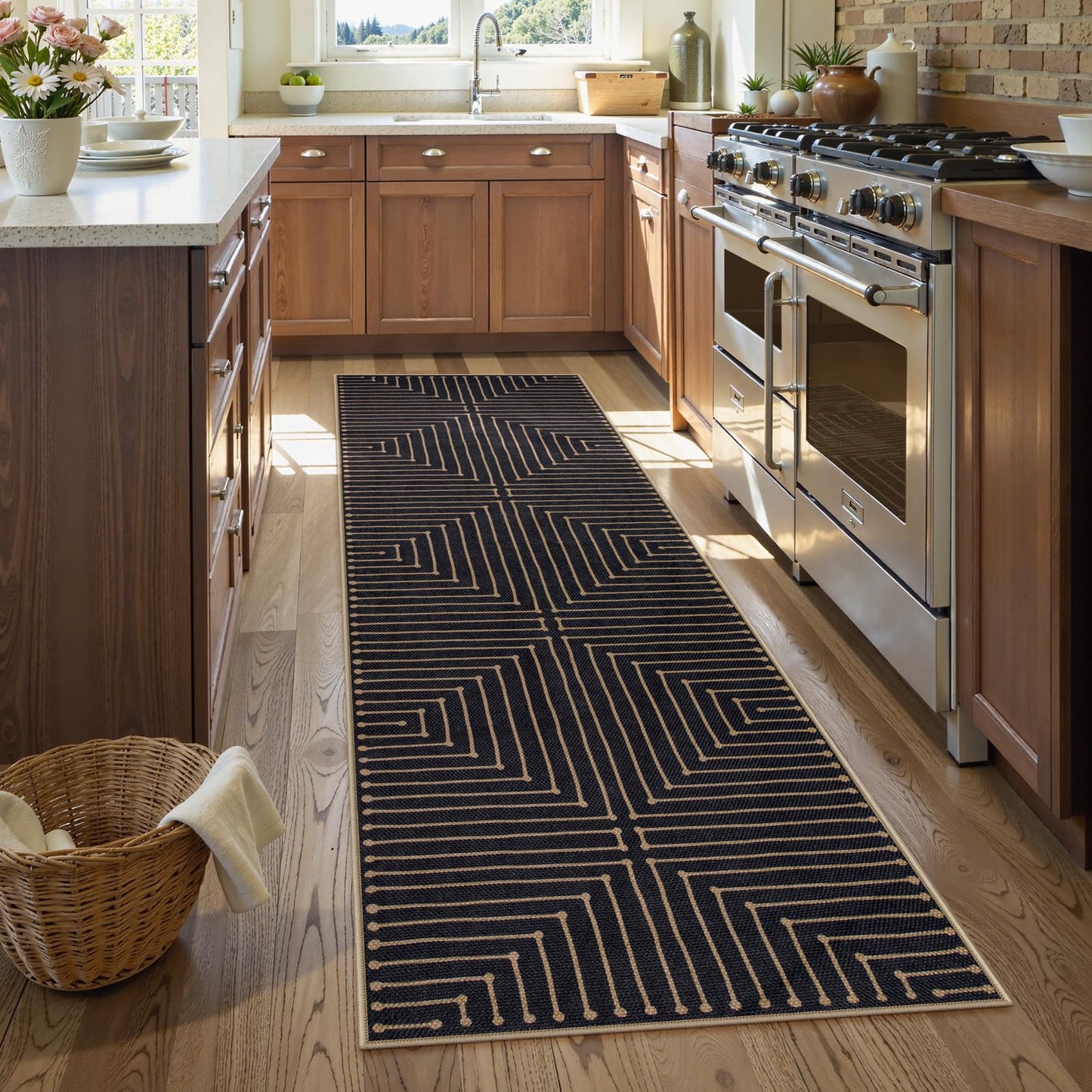 Lahome Neutral Geometric Kitchen Rugs, 2x8 Washable Entryway Hallway Runner Rug Non Slip, Farmhouse Rhombus Low Pile Non Shedding Black Indoor Outdoor Carpet Runner for Laundry Room