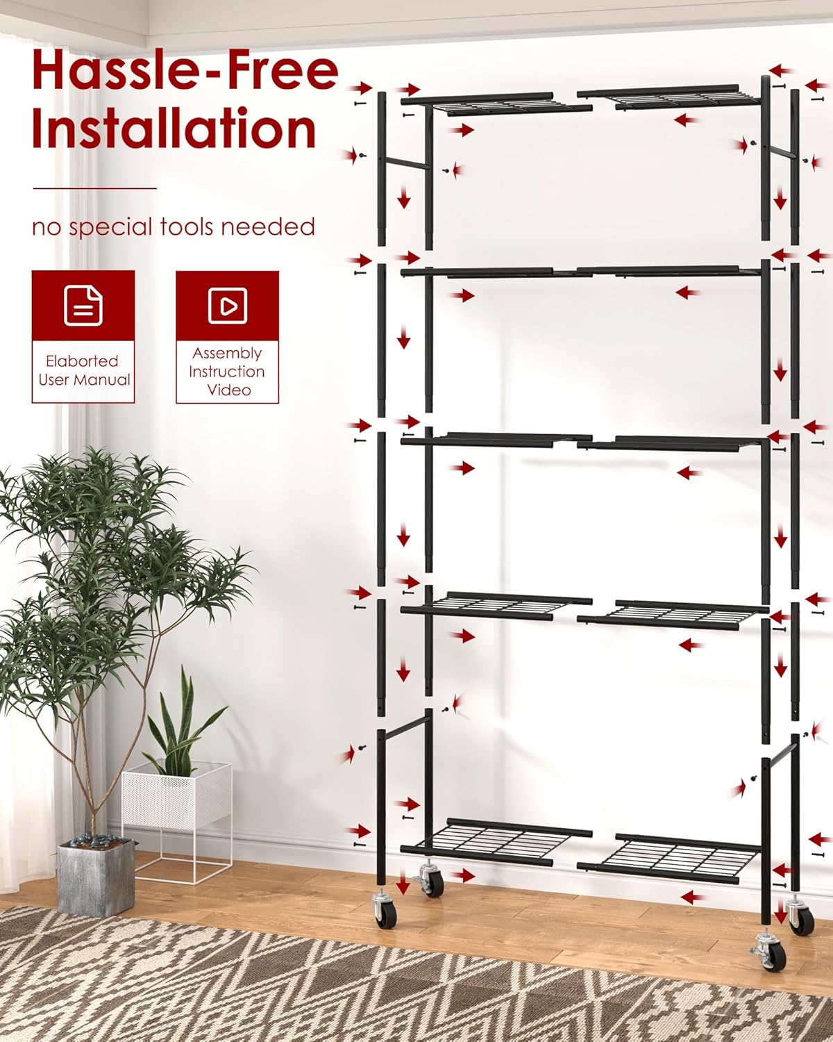 Sakugi Storage Shelves Organizer - Heavy-Duty 5-Tier Metal Shelf with Wheels | Adjustable for Kitchen, Pantry, Closet - 33.1"x12.6"x73.5", Black