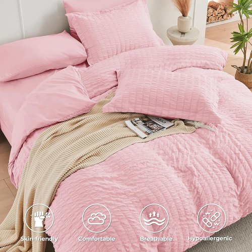 HYMOKEGE Pink Queen Comforter Set - Luxurious 7-Piece All-Season Bedding Set with Sheets & Pillowcases