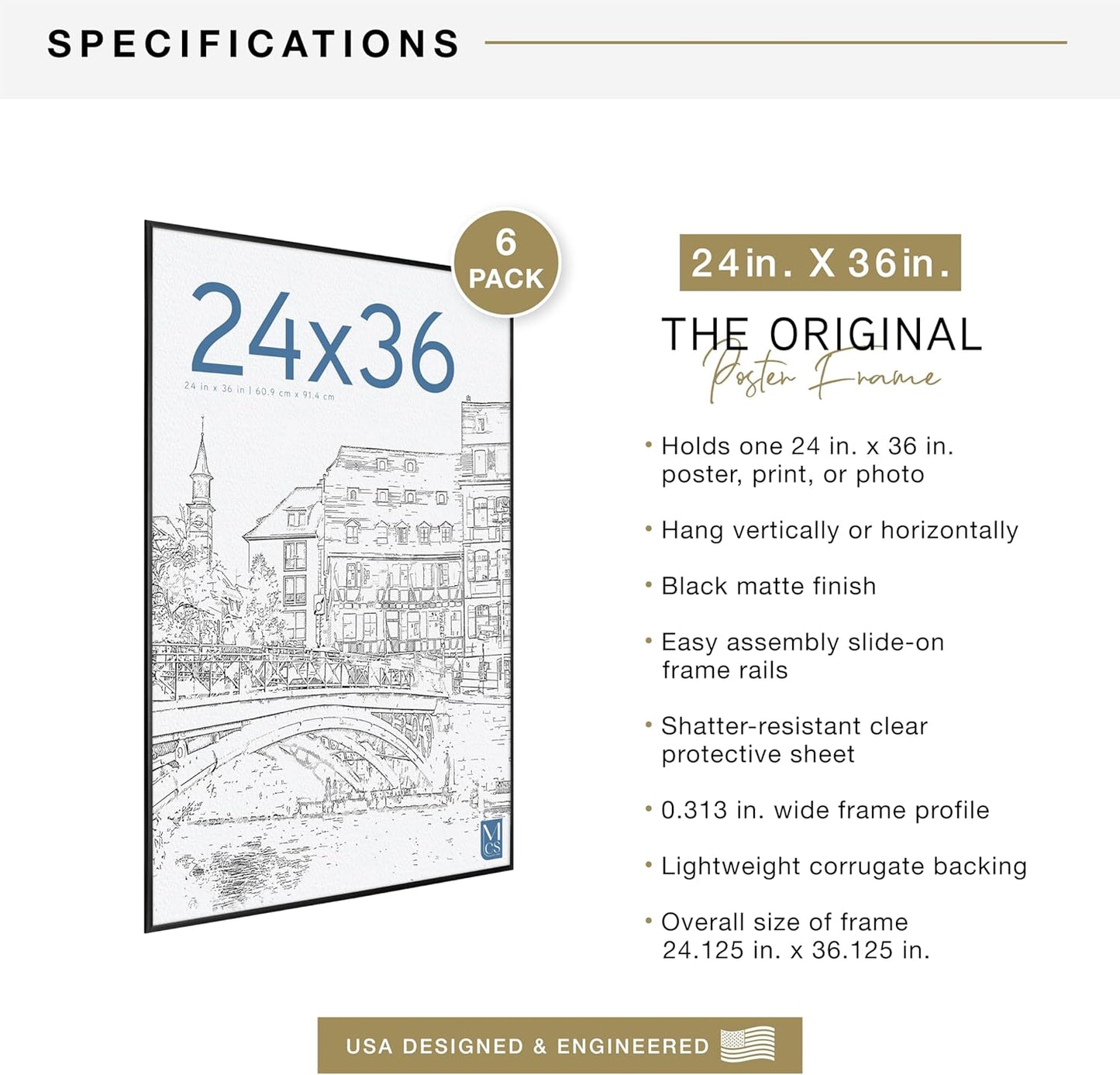 MCS Original Poster Frame - 24x36 Black Lightweight Vertical & Horizontal Picture Frame | 6-Pack for Art Prints & Gallery Walls