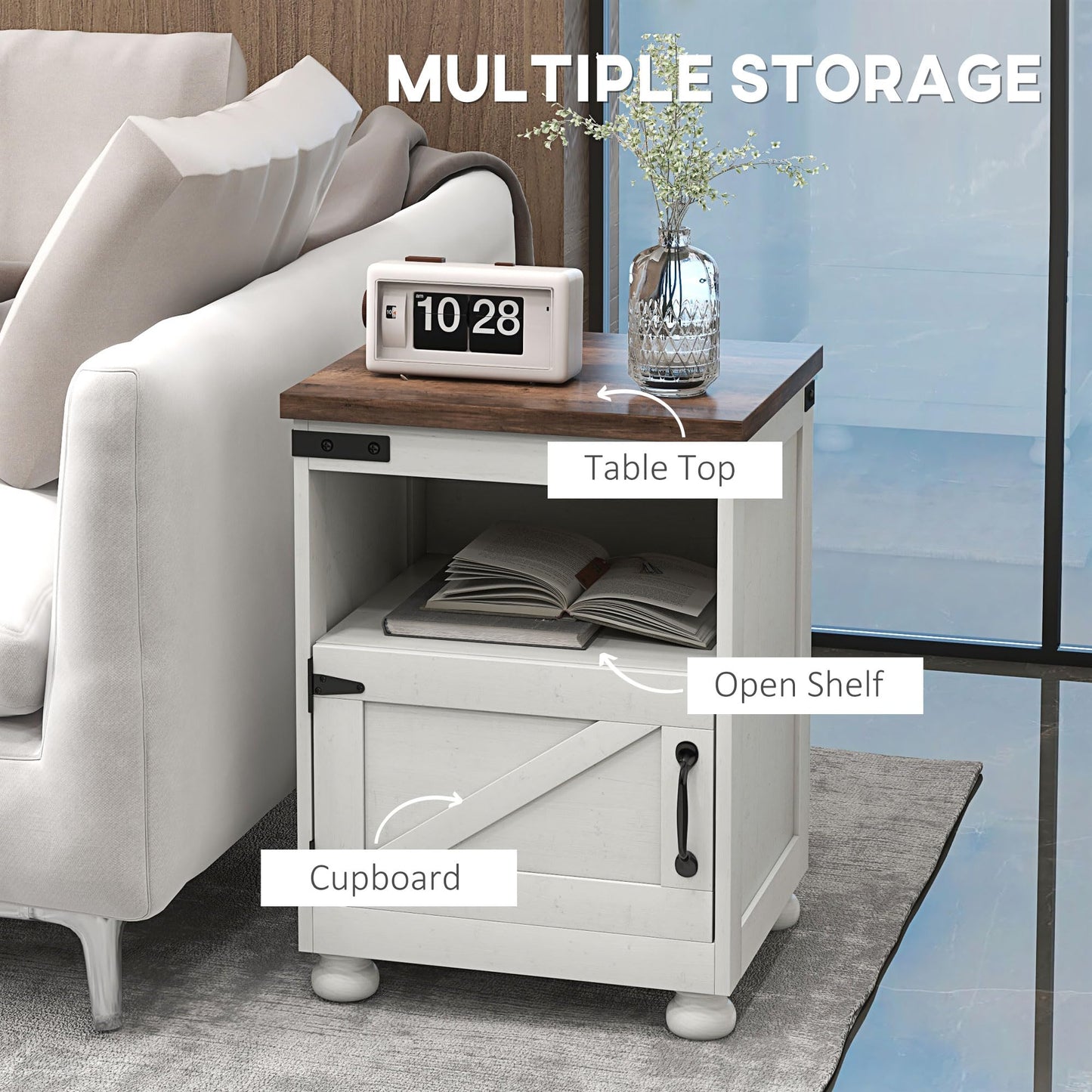 HOMCOM Small Side Table with Storage, Farmhouse End Table with Open Shelf and Cupboard, Modern Sofa Table with Wood Legs for Living Room, White