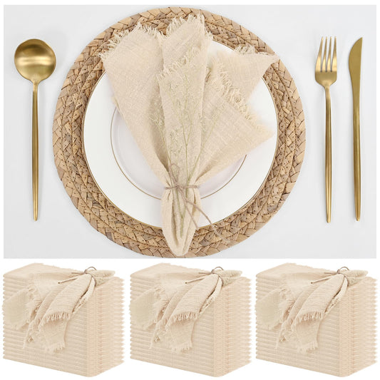 ABKLESACH 60 Pack Beige Cotton Linen Napkins 16 x 16 Inch Beige Napkins Cloth Handmade with Fringe Soft Cloth Napkins Washable Rustic Dinner Napkins Cloth for Wedding Party Dinner Table
