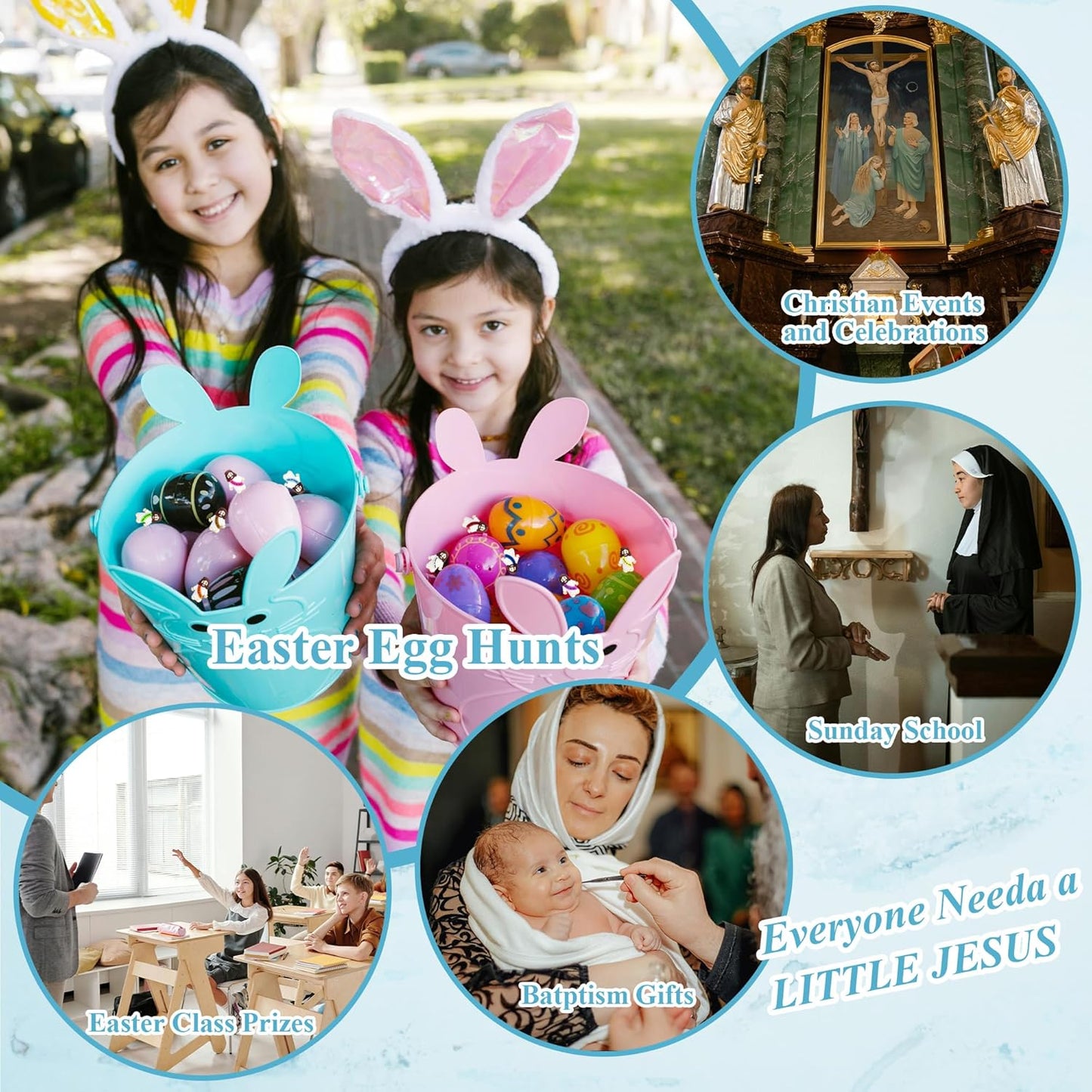 Skiennix Little Jesus Figures - 50 Pcs Mini Rubber Toys in 10 Colors for Easter Egg Stuffers & Party Favors