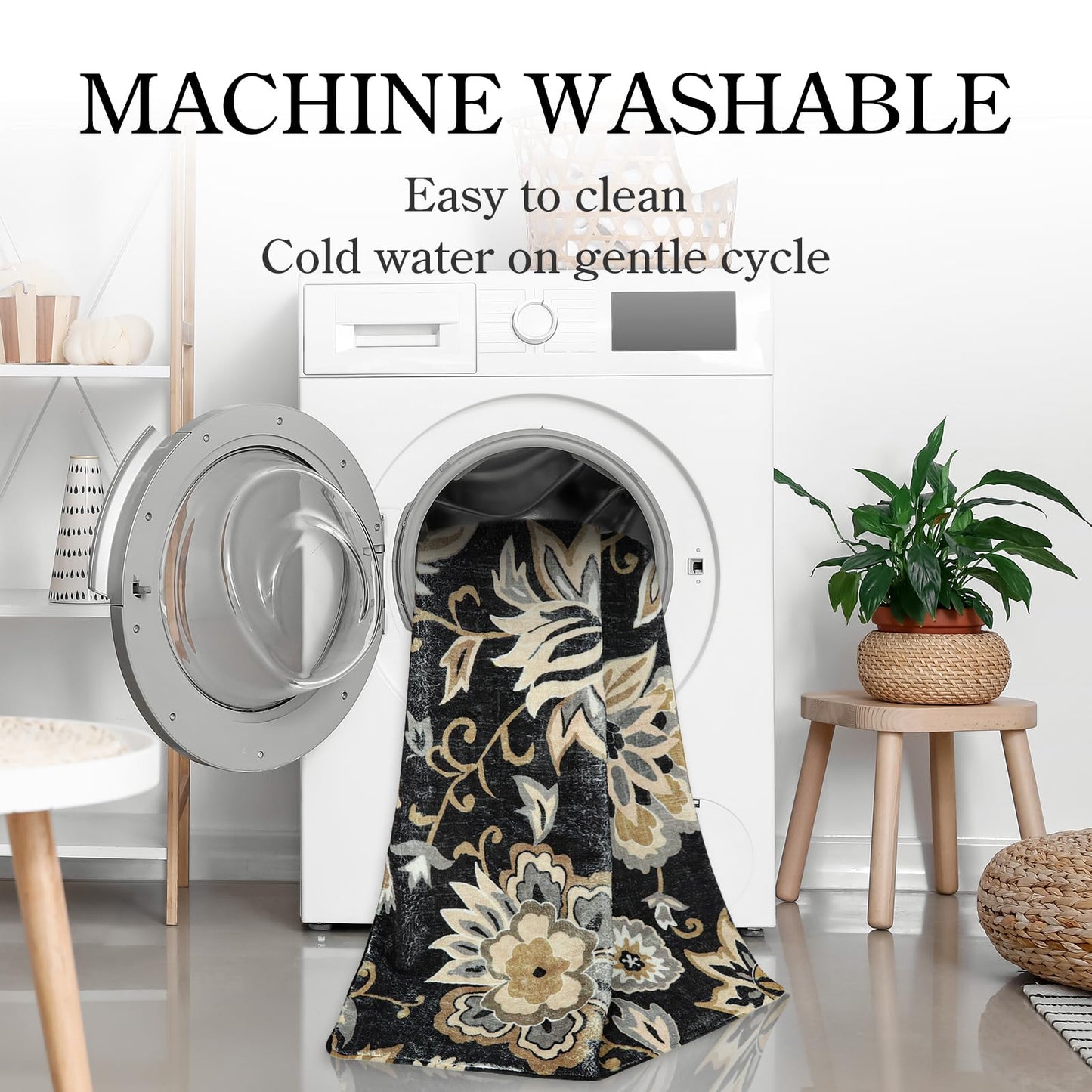 Lahome Floral Black Runner Rug - 2x8 Kitchen Runners Non Skid Washable 8 Ft Non-Slip Stain Resistant Long Runner Rugs for Hallway, Paisley Print Accent Ultra-Thin Runners for Bedroom Entryway Foyer