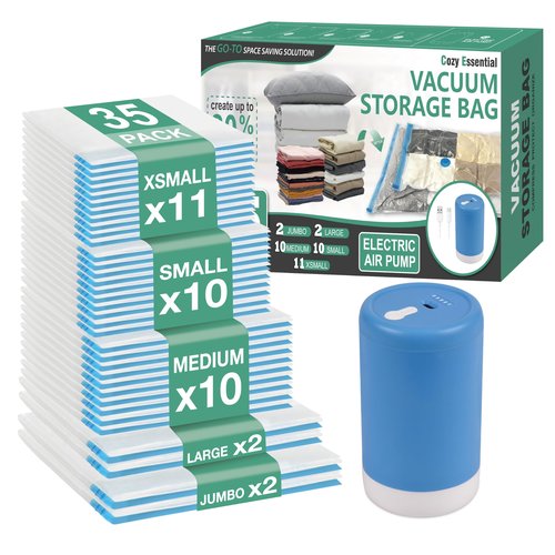 Cozy Essential Travel Vacuum Storage Bags with Rechargeable Cordless USB Pump, Space Saver Bags for Luggage, Suitcase, Carry-On, for Clothes, Blankets, Bedding & Seasonal Storage,35 Combo