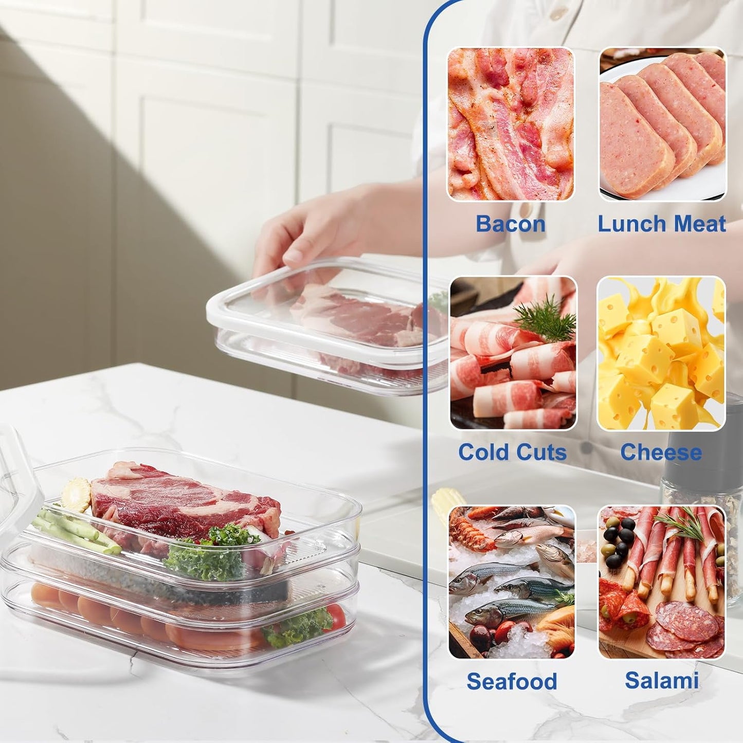 Stackable Deli Meat Storage | 3-Tier Lunch Meat Container - Dishwasher Safe, Clear Organizer with Lid