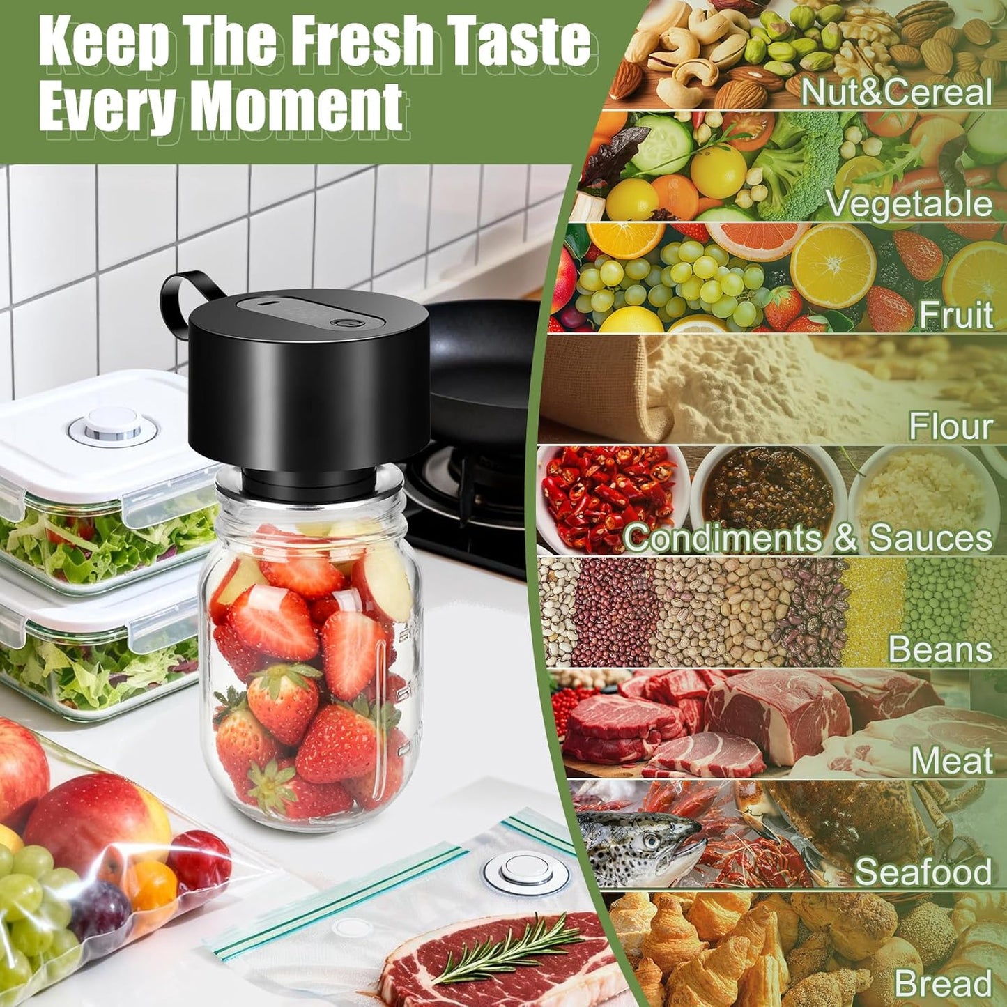 Skiennix Electric Mason Jar Vacuum Sealer Kit - Automatic Food Storage Sealing Machine | Cordless, Compatible with Wide & Regular Mouth Jars