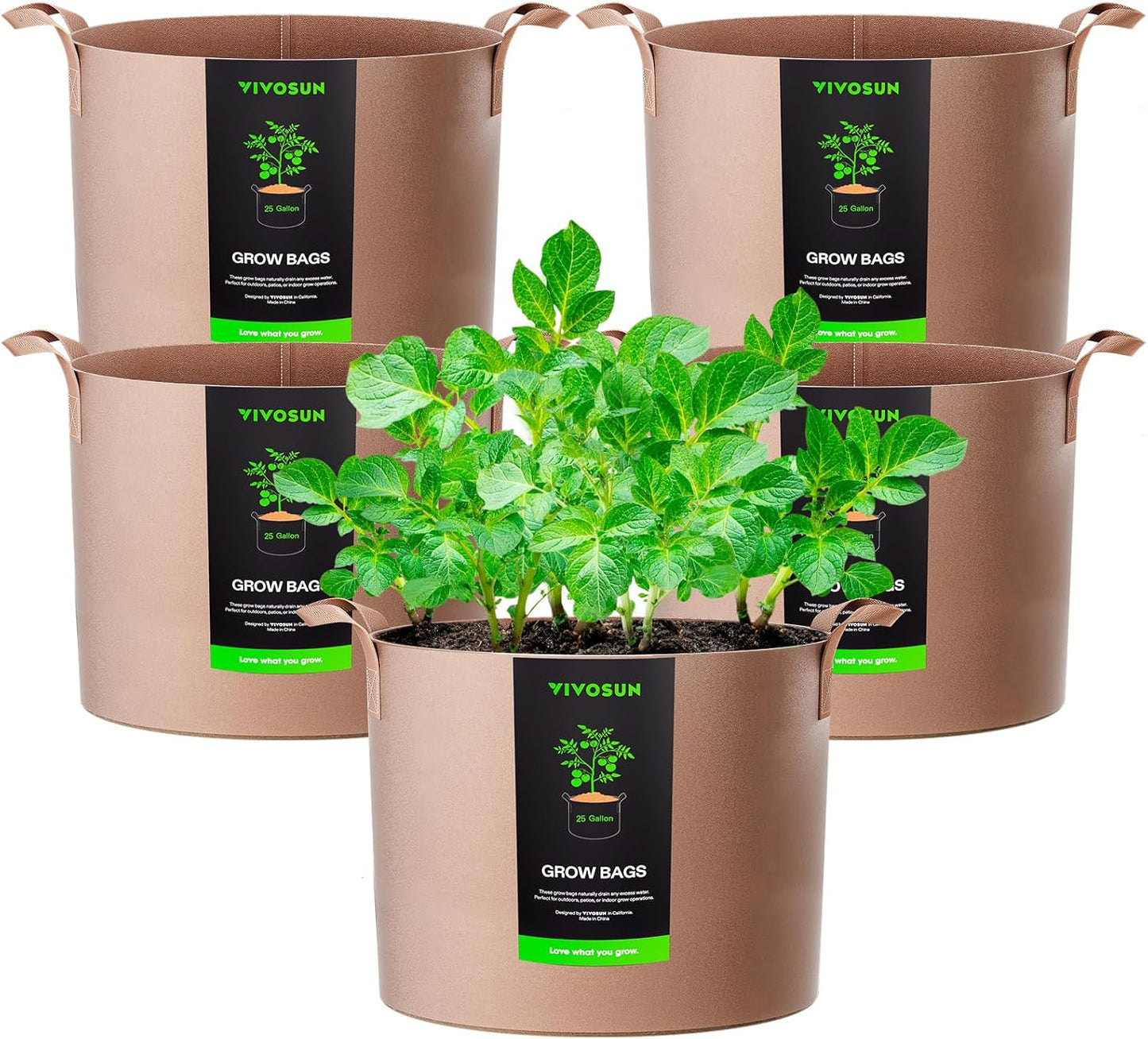 VIVOSUN 25 Gallon Heavy Duty Grow Bags - Thickened Nonwoven Fabric Pots with Strap Handles | Tan - 5-Pack