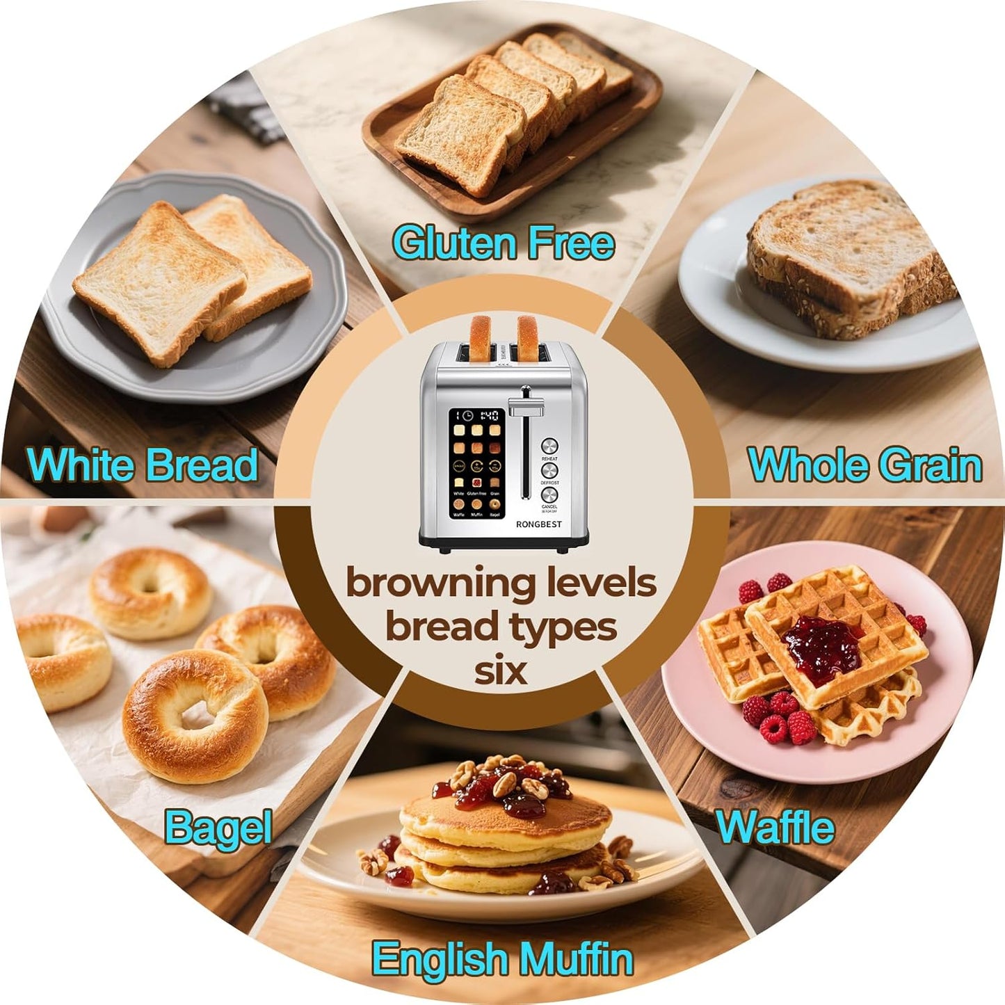 Skiennix 2-Slice Touch Screen Toaster - Wide Slots for Even Toasting, Reheat & Defrost, Silver